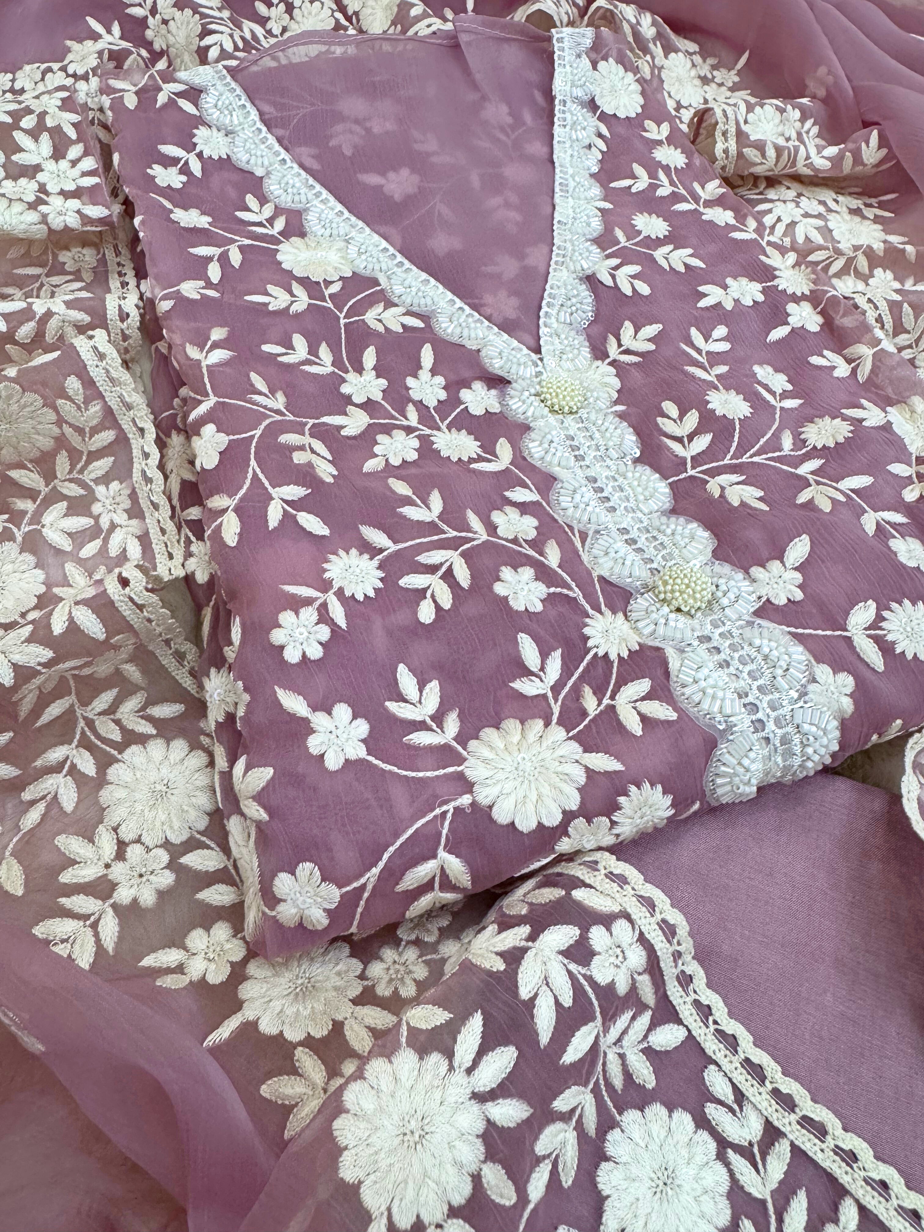 Soft chiffon unstitched suit with ivory thread embroidery