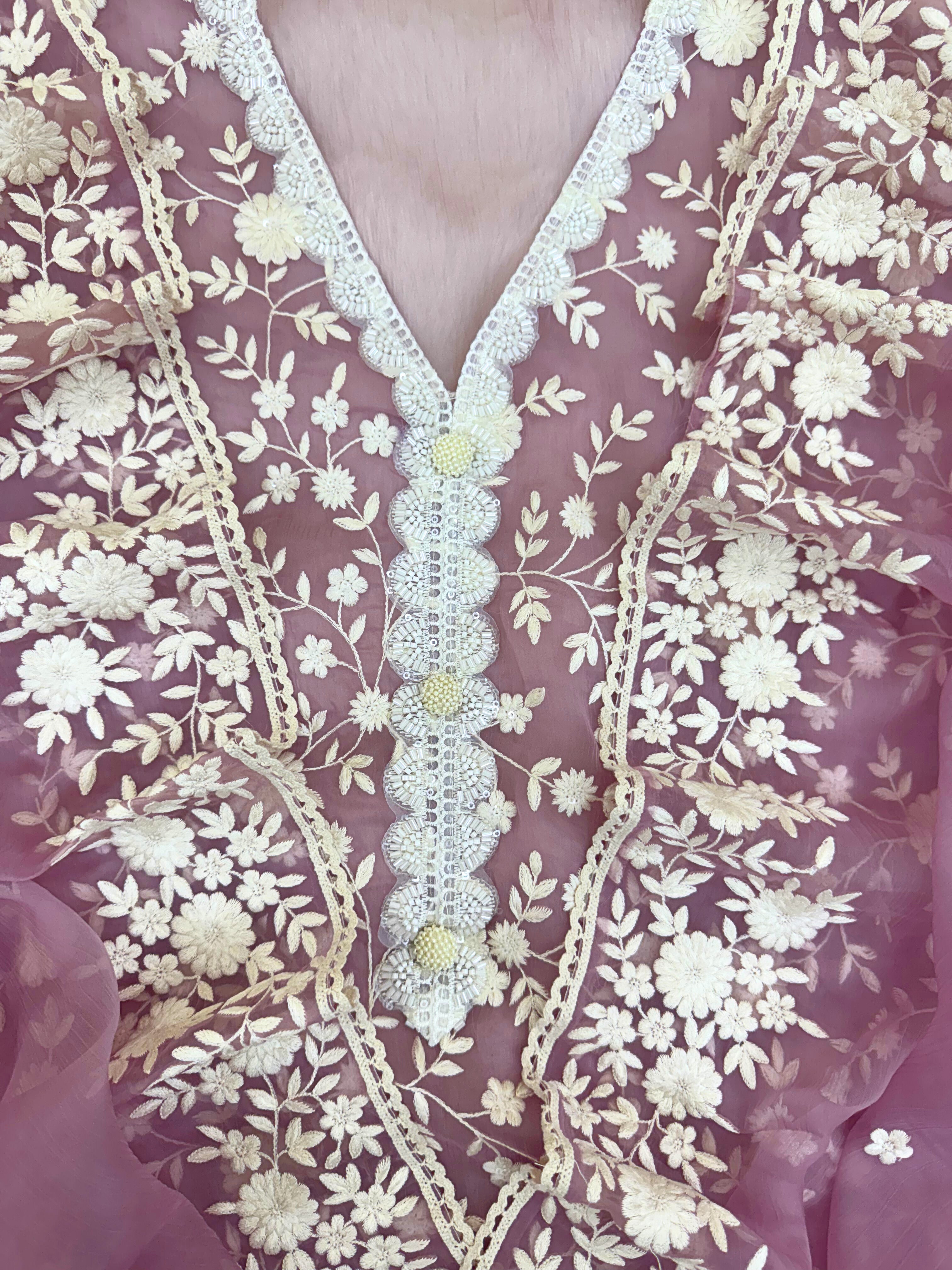 Soft chiffon unstitched suit with ivory thread embroidery