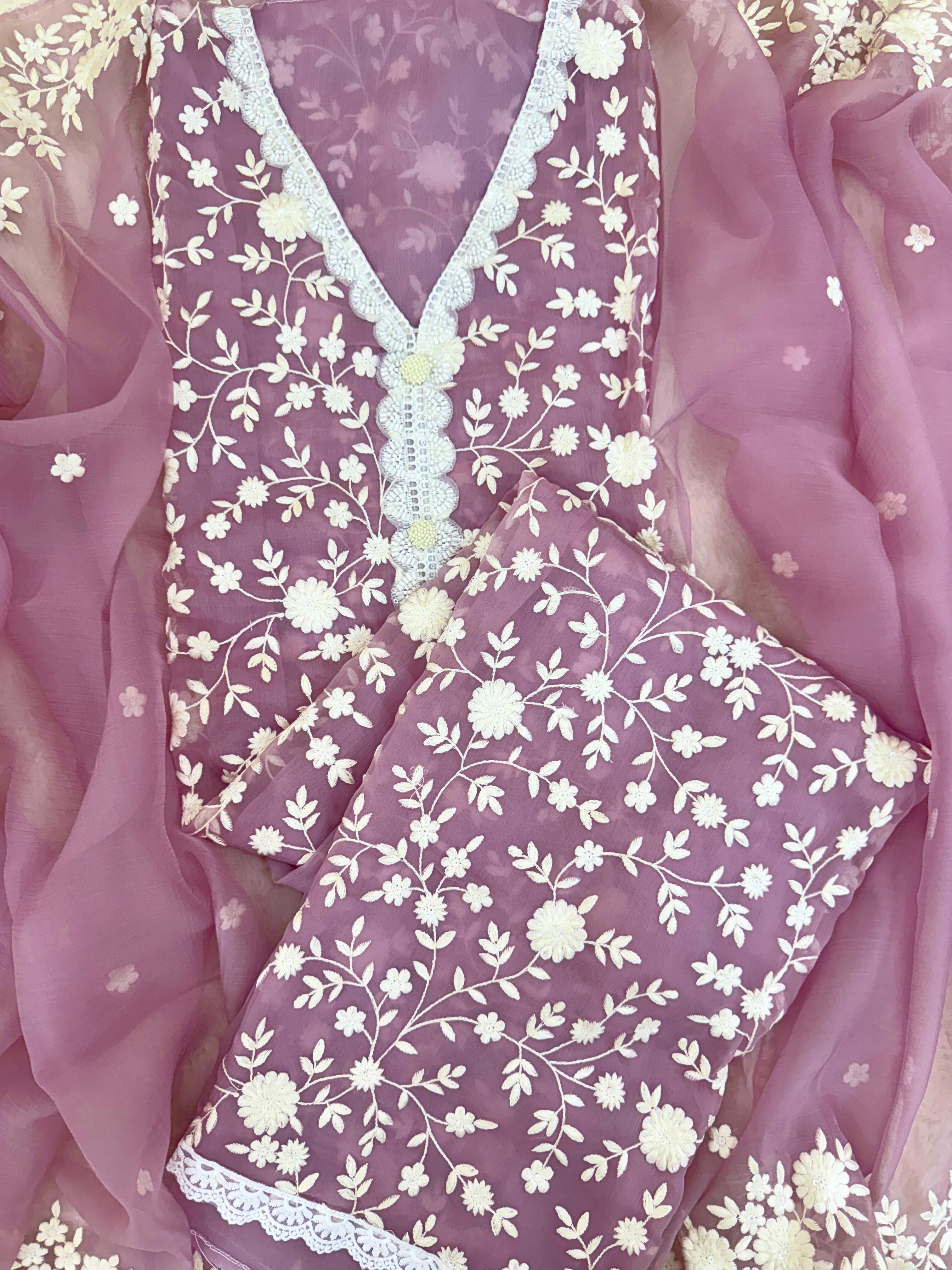 Soft chiffon unstitched suit with ivory thread embroidery