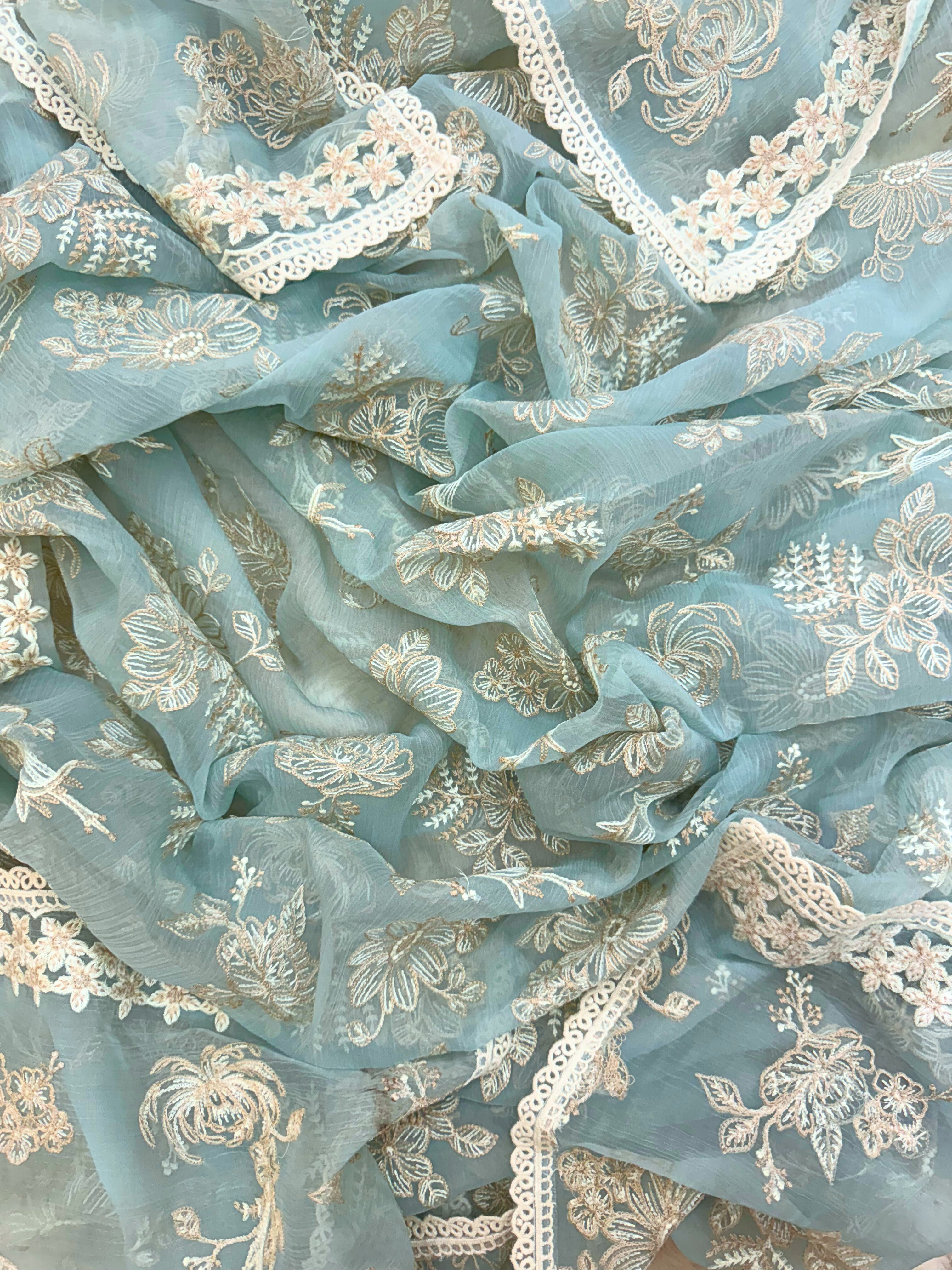 pure blue chiffon suit with organza dupatta parsi embroidory thread work and motifs