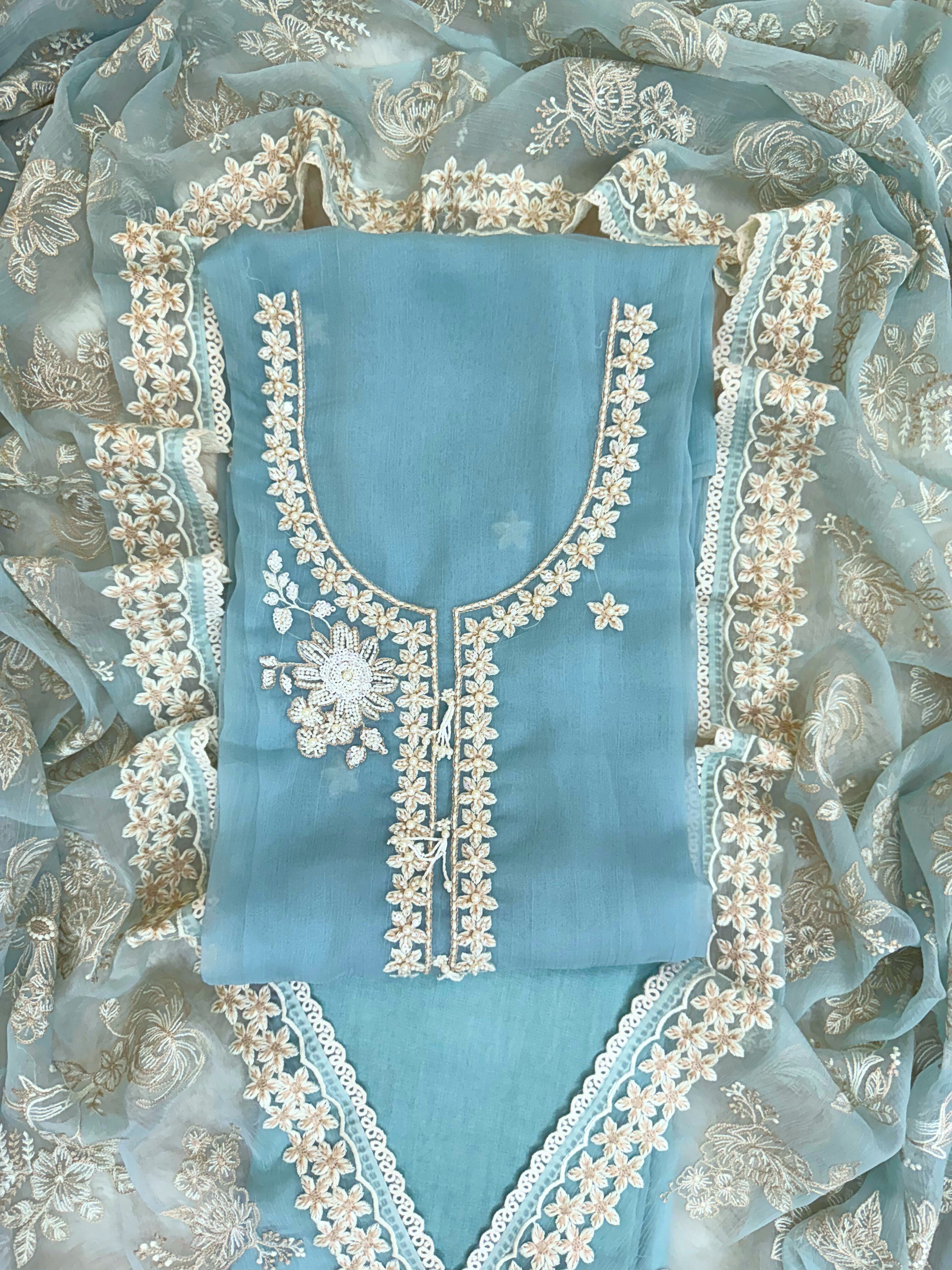 pure blue chiffon suit with organza dupatta parsi embroidory thread work and motifs