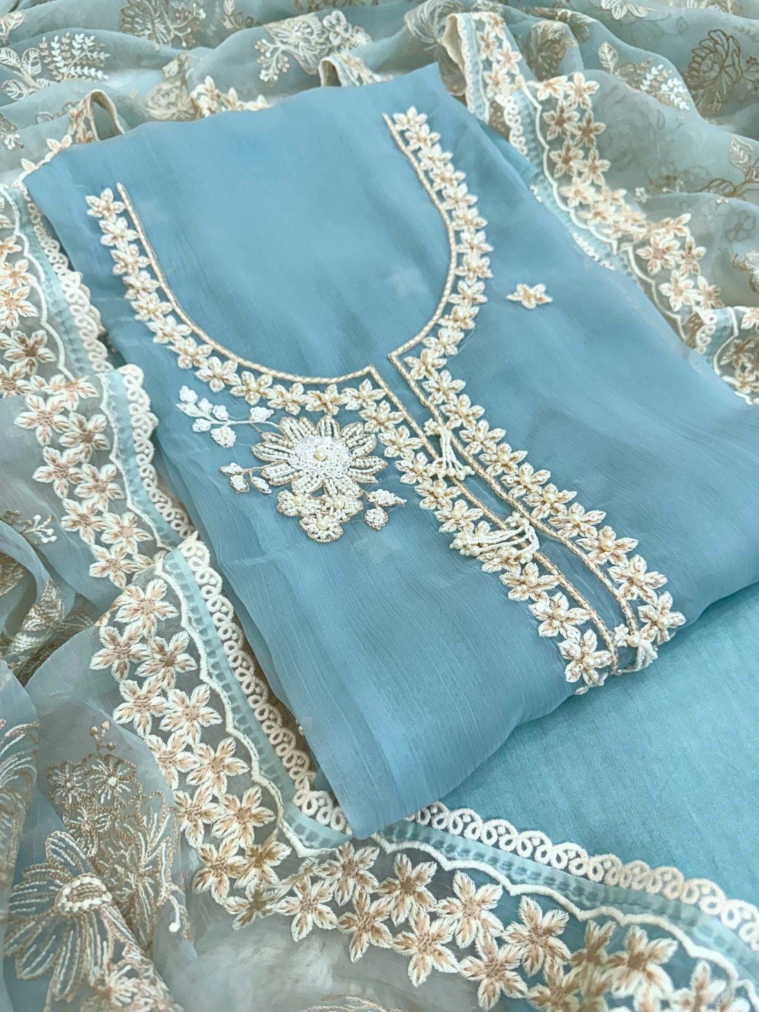 pure blue chiffon suit with organza dupatta parsi embroidory thread work and motifs