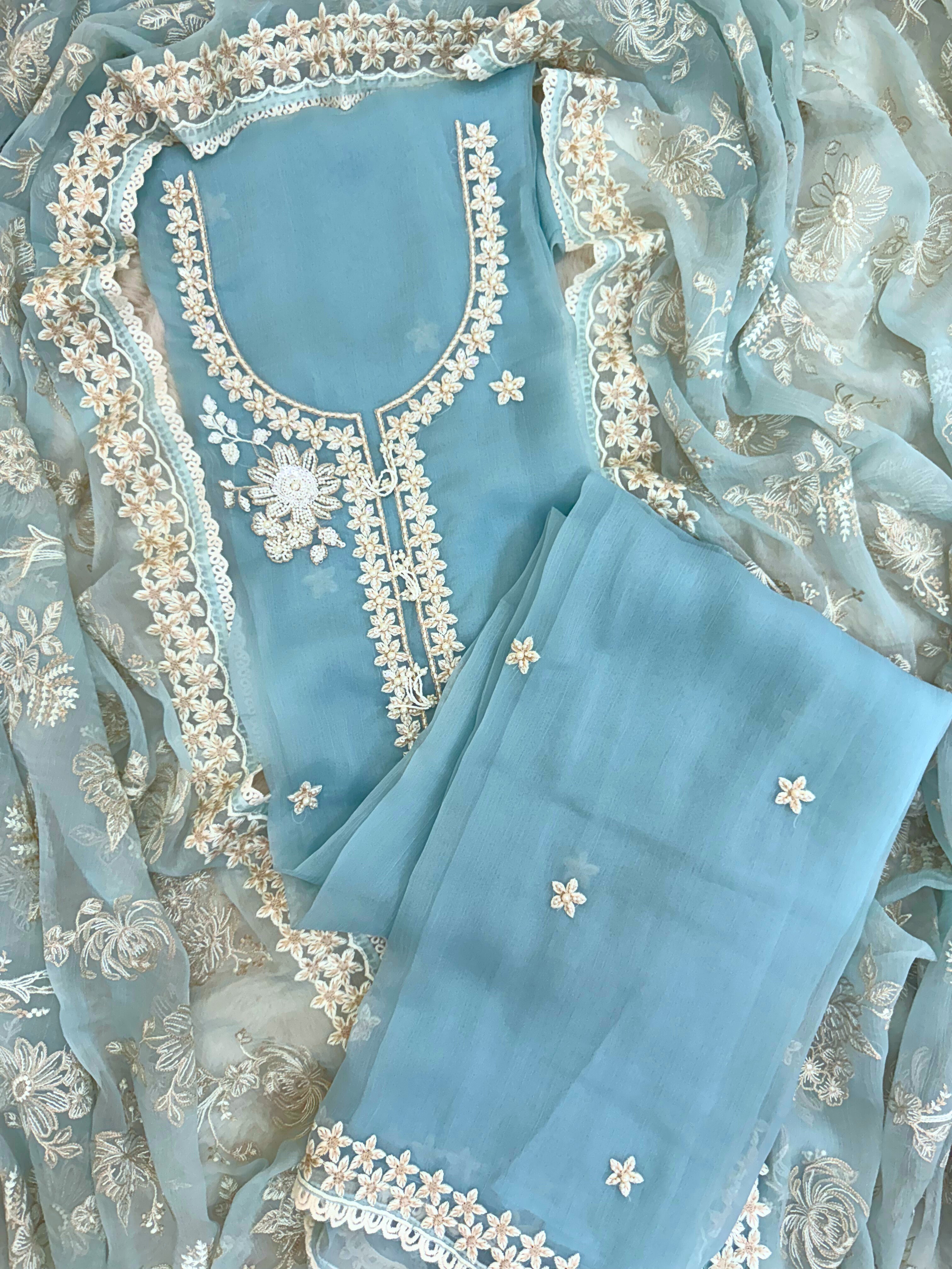 pure blue chiffon suit with organza dupatta parsi embroidory thread work and motifs