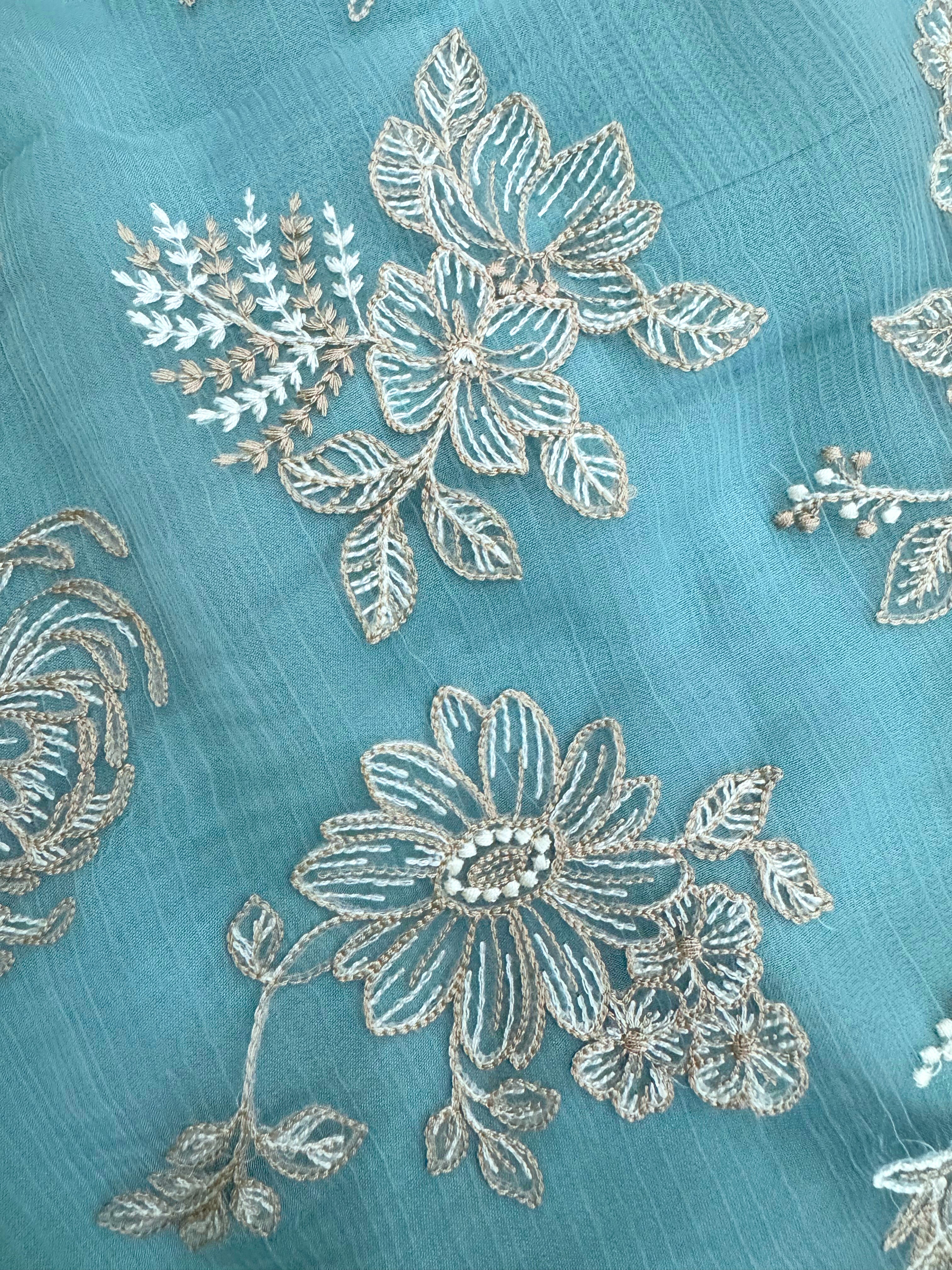 pure blue chiffon suit with organza dupatta parsi embroidory thread work and motifs