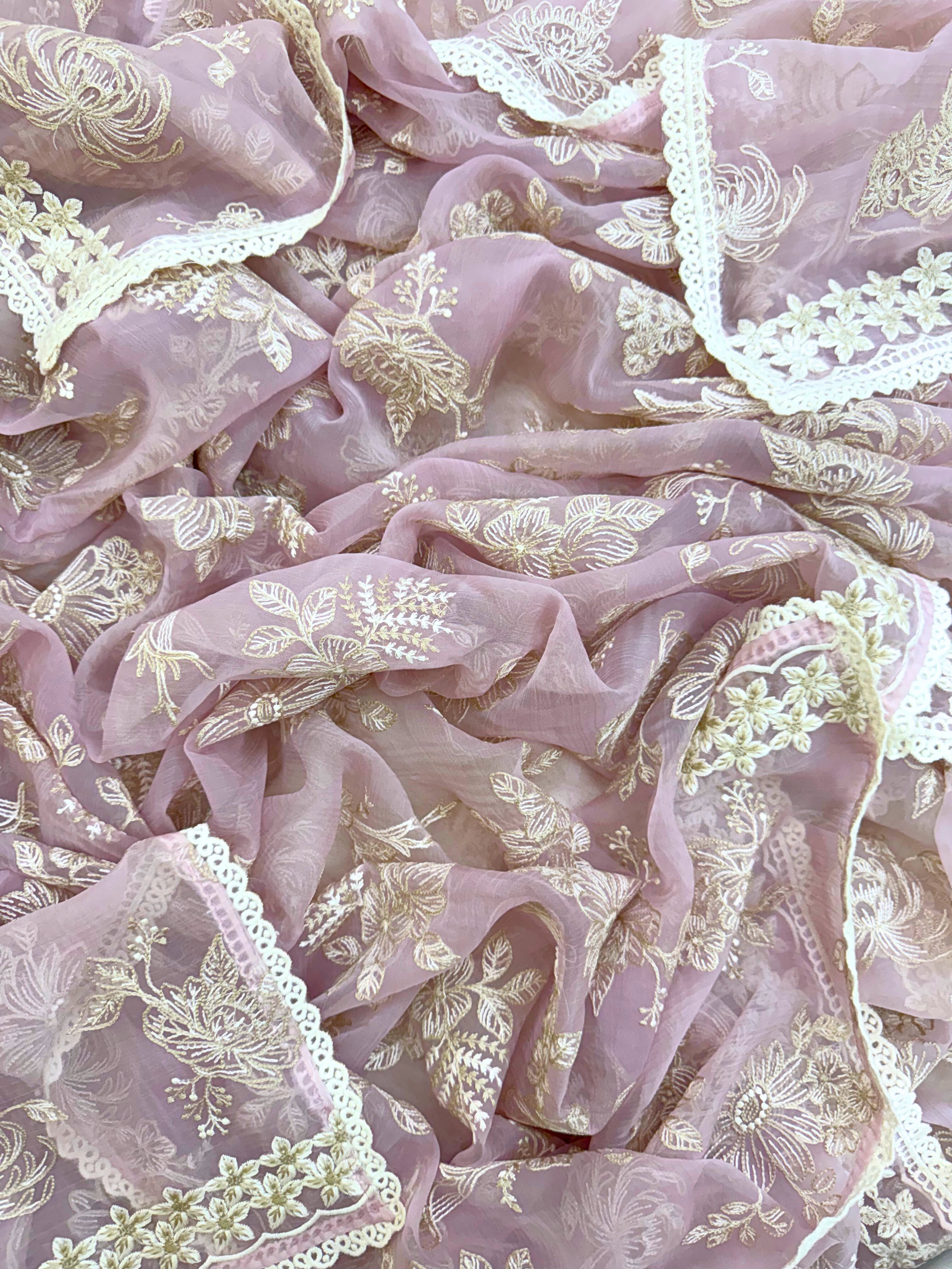 pure pink chiffon suit with organza dupatta parsi embroidory thread work and motifs