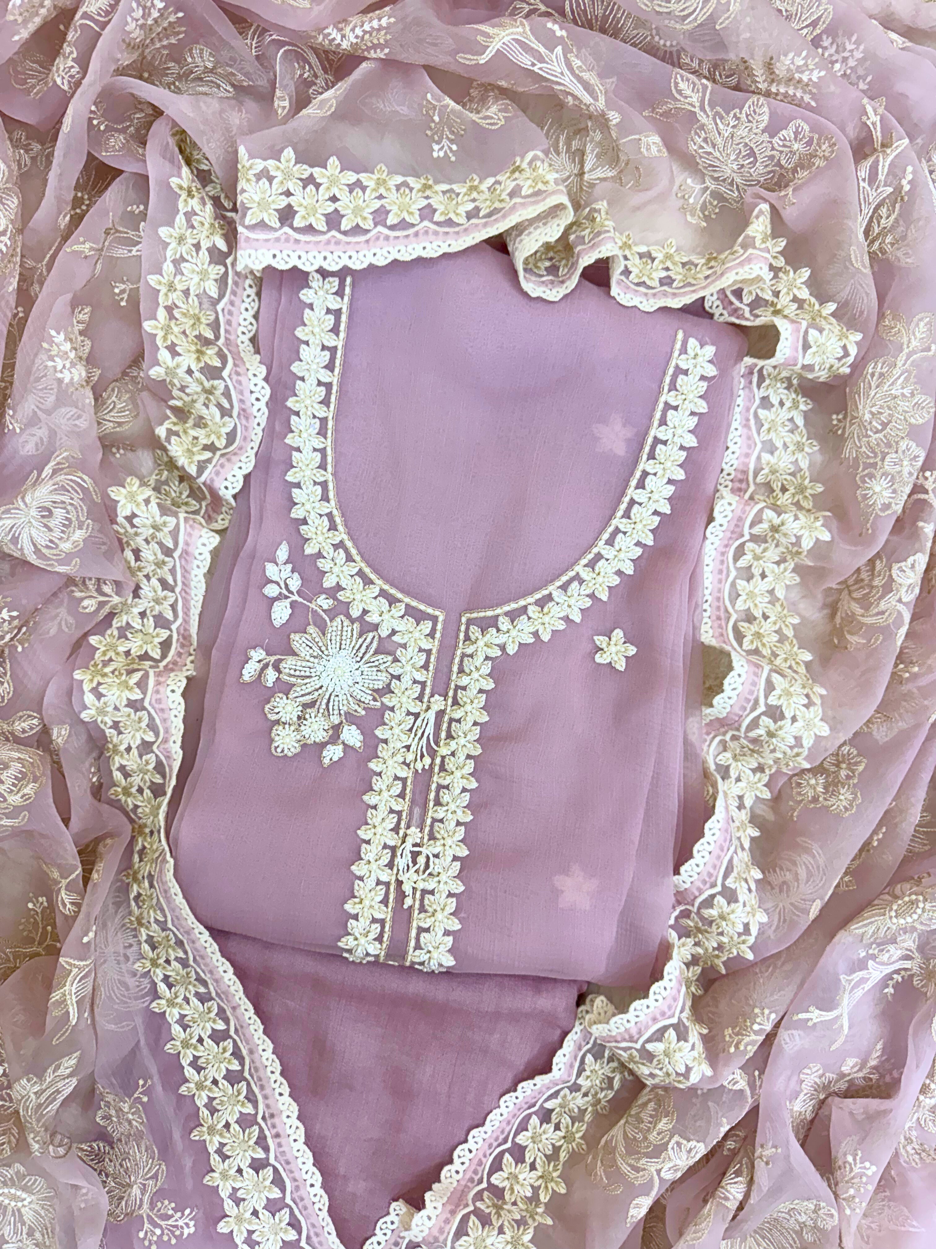 pure pink chiffon suit with organza dupatta parsi embroidory thread work and motifs