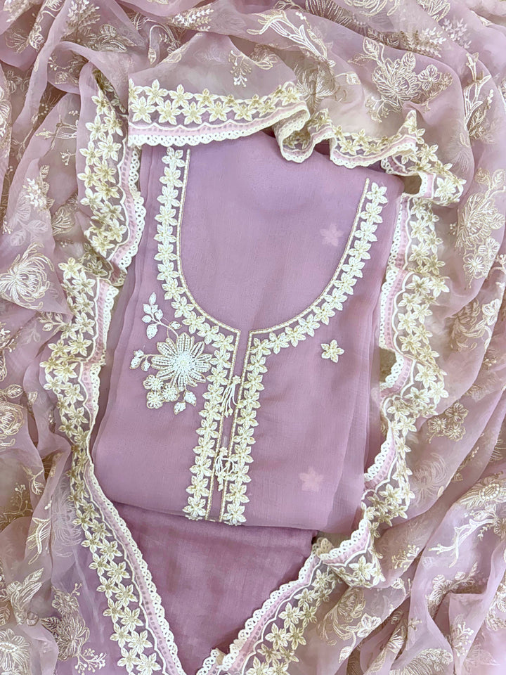 pure pink chiffon suit with organza dupatta parsi embroidory thread work and motifs