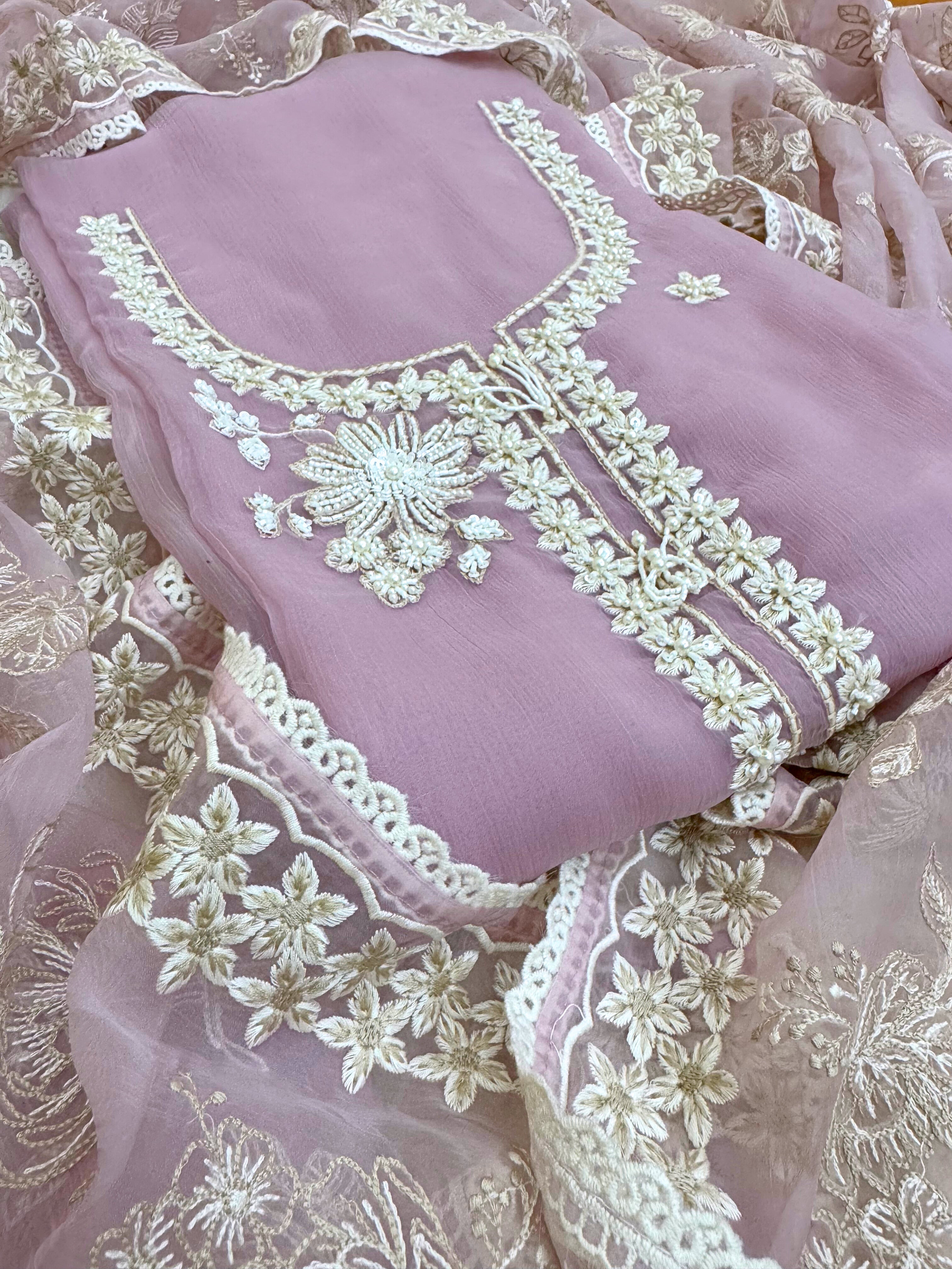 pure pink chiffon suit with organza dupatta parsi embroidory thread work and motifs