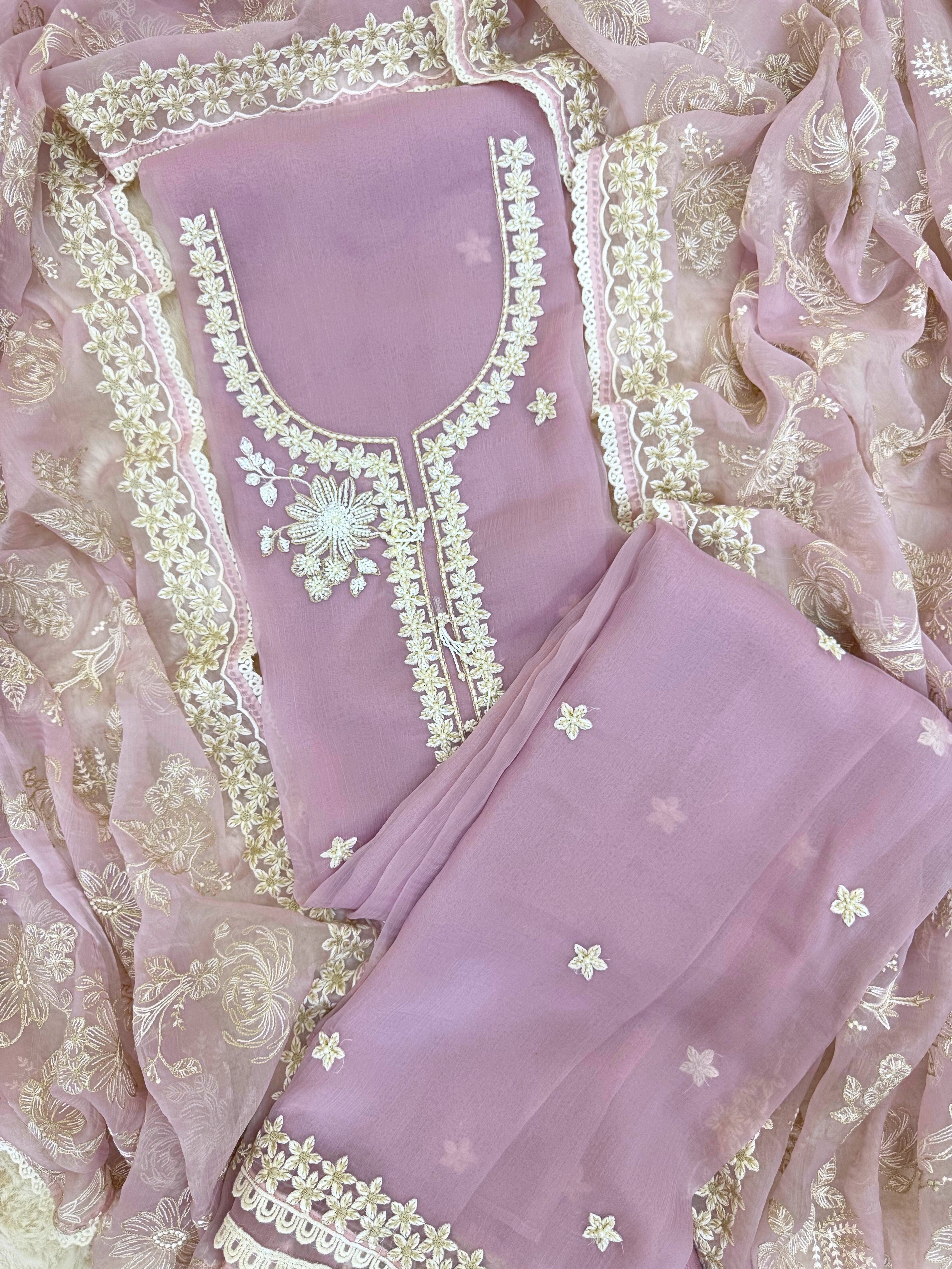 pure pink chiffon suit with organza dupatta parsi embroidory thread work and motifs