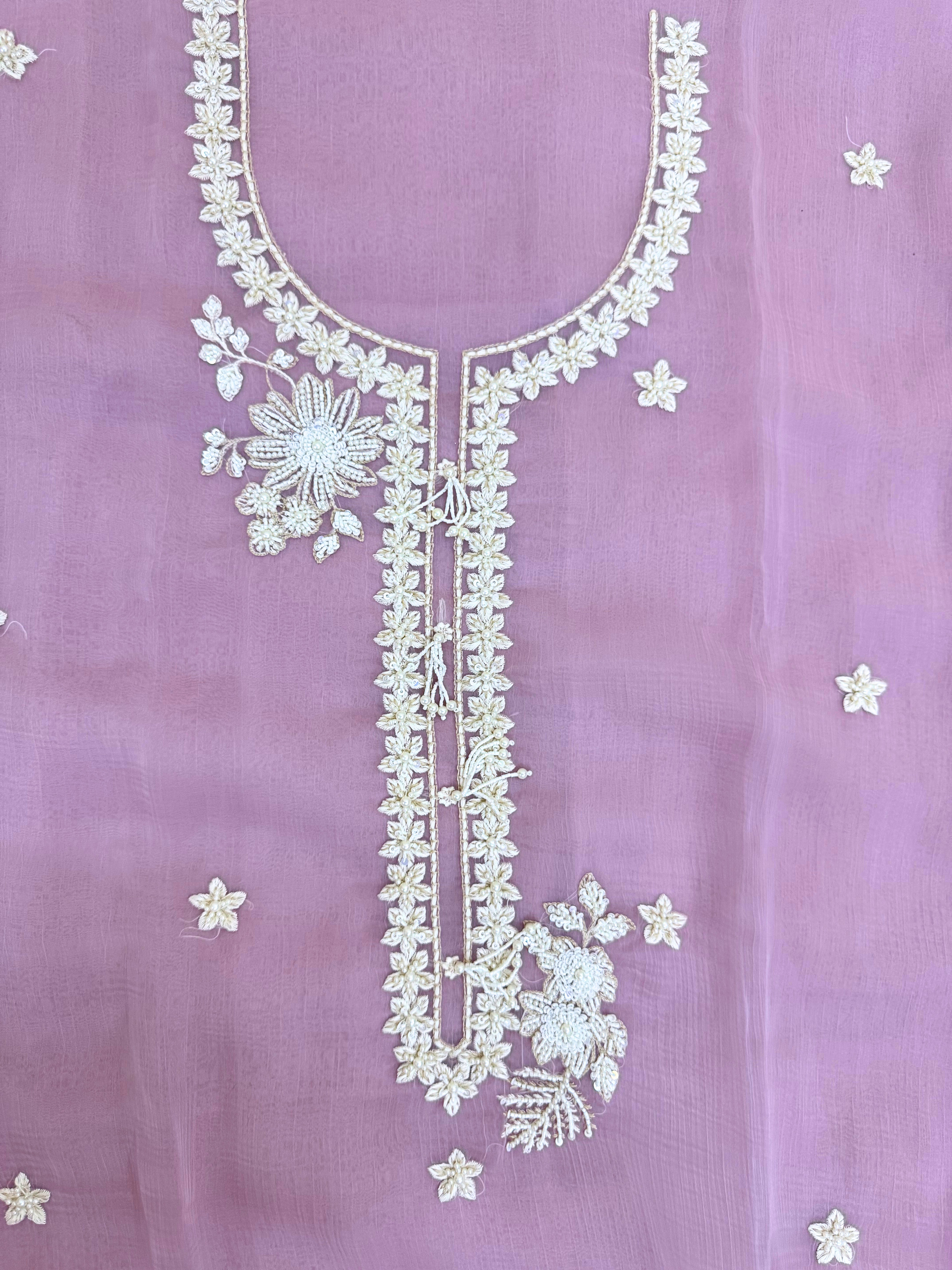 pure pink chiffon suit with organza dupatta parsi embroidory thread work and motifs