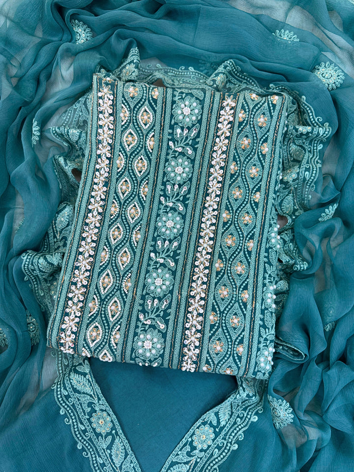Royal Bloom: Sea Green Embroidered Suit with Sequin & Mirror Accents