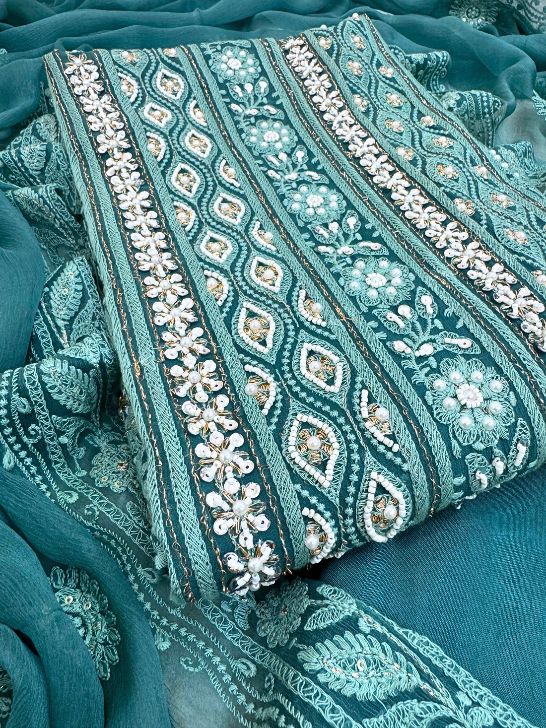 Royal Bloom: Sea Green Embroidered Suit with Sequin & Mirror Accents