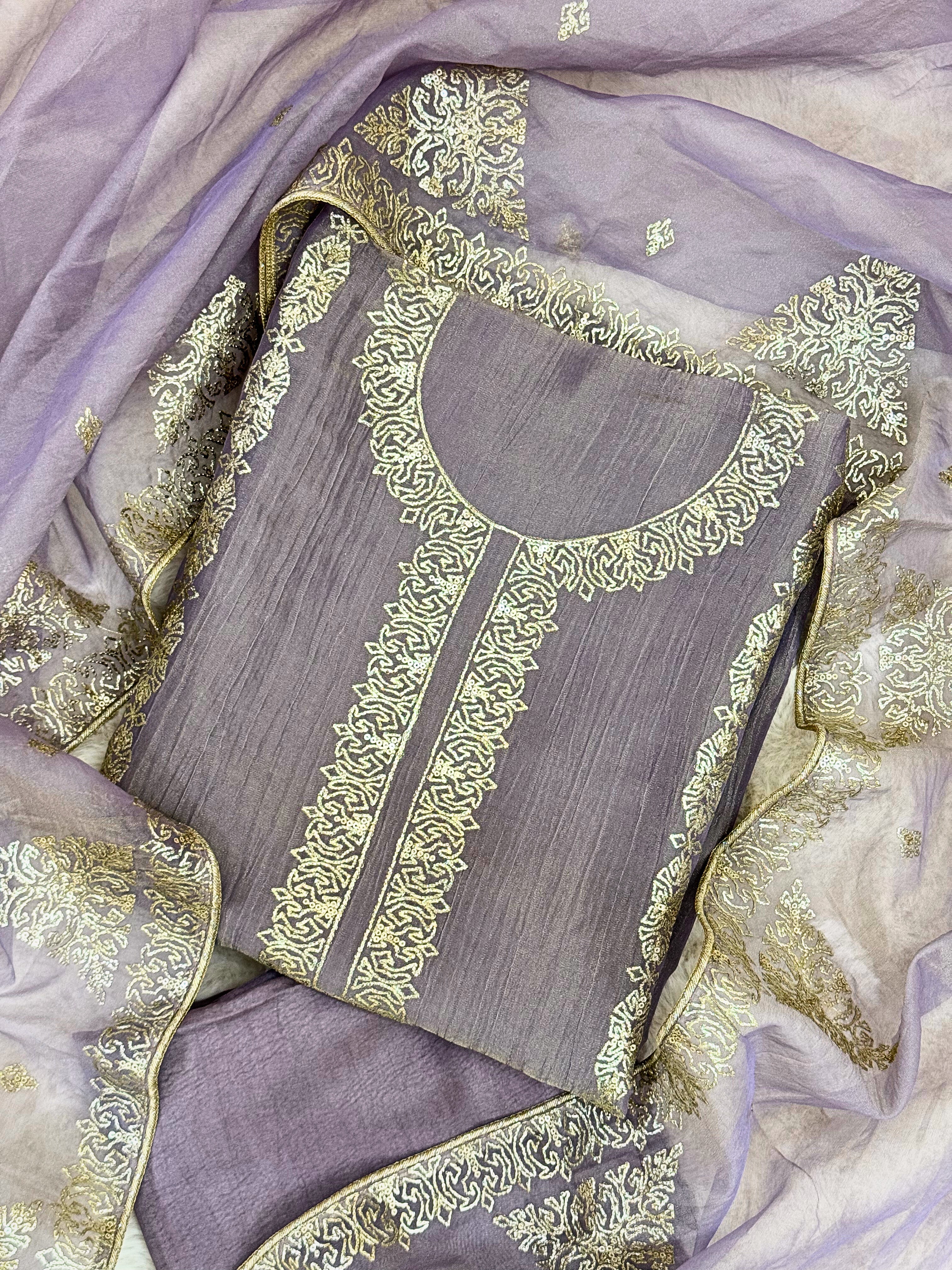 Tissue Unstitched suit with golden embroidery