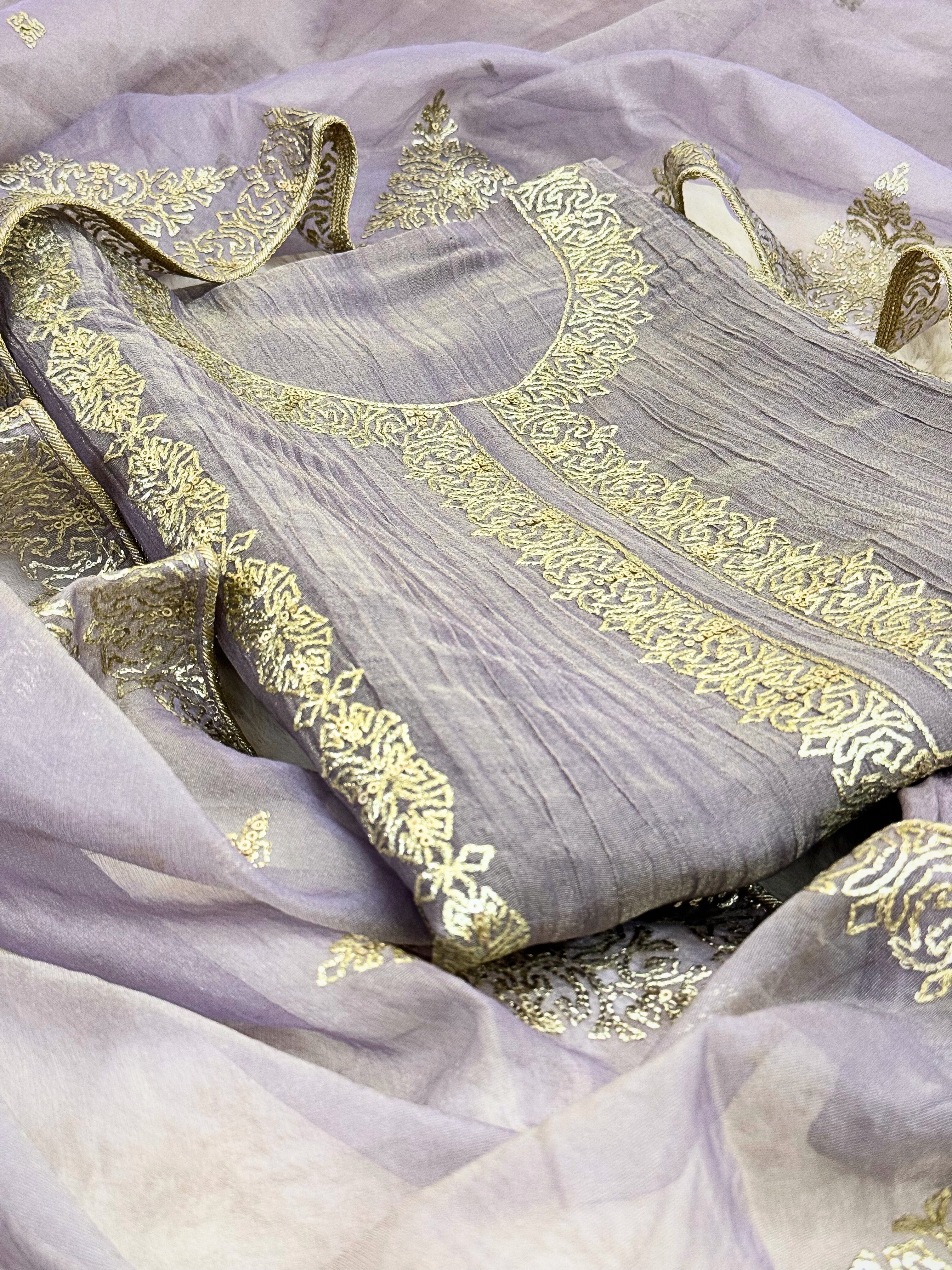 Tissue Unstitched suit with golden embroidery