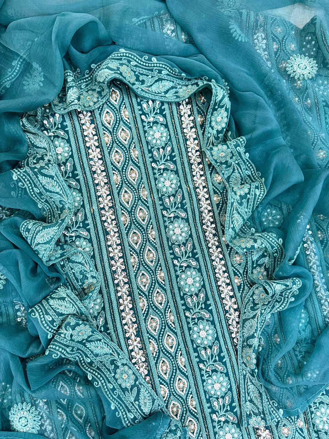 Royal Bloom: Sea Green Embroidered Suit with Sequin & Mirror Accents