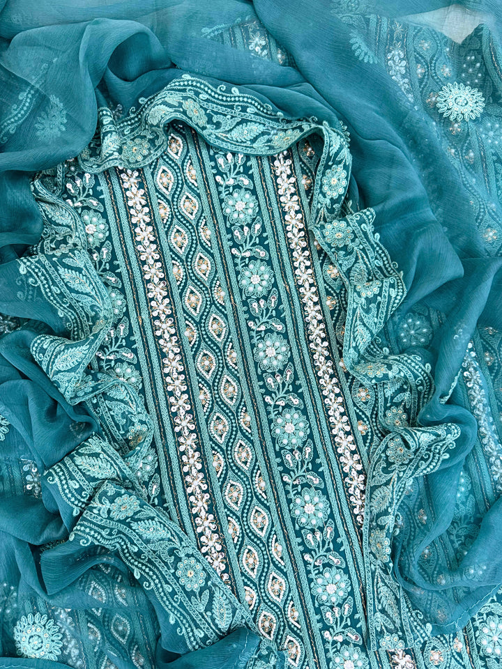 Royal Bloom: Sea Green Embroidered Suit with Sequin & Mirror Accents
