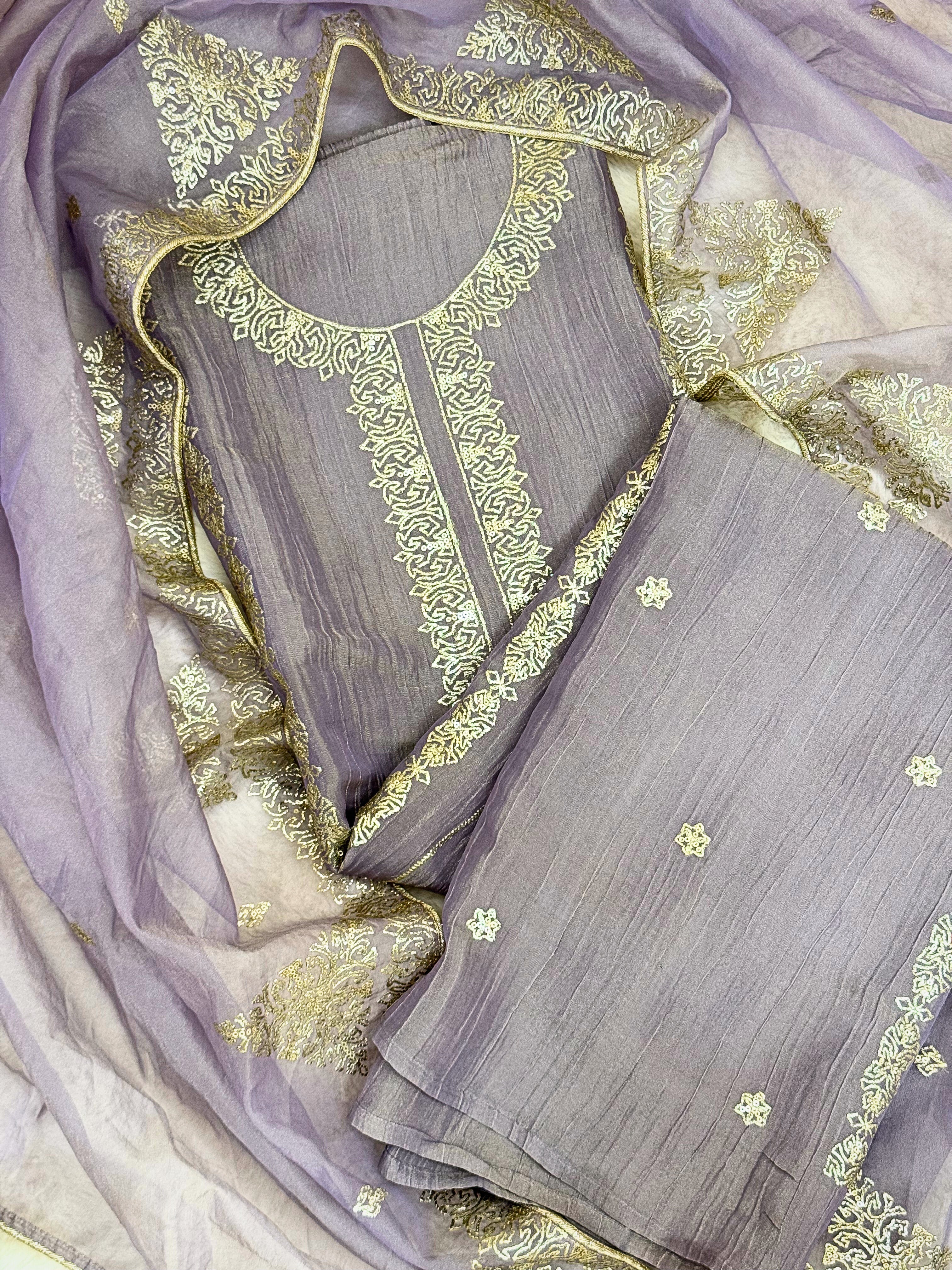 Tissue Unstitched suit with golden embroidery