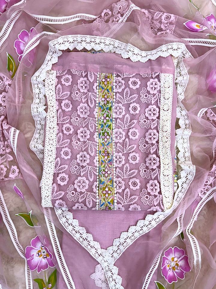 Lilac Garden: Lace Embroidered Suit with Hand-Painted Dupatta