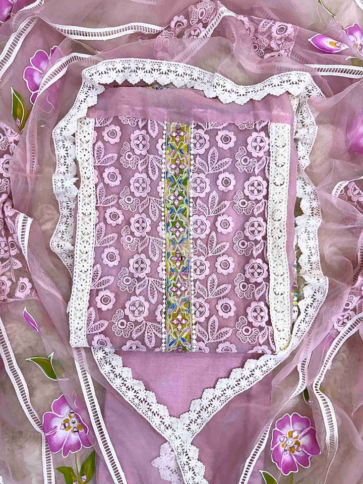 party wear unstitched suits for women on crotia work net and hand painted dupatta