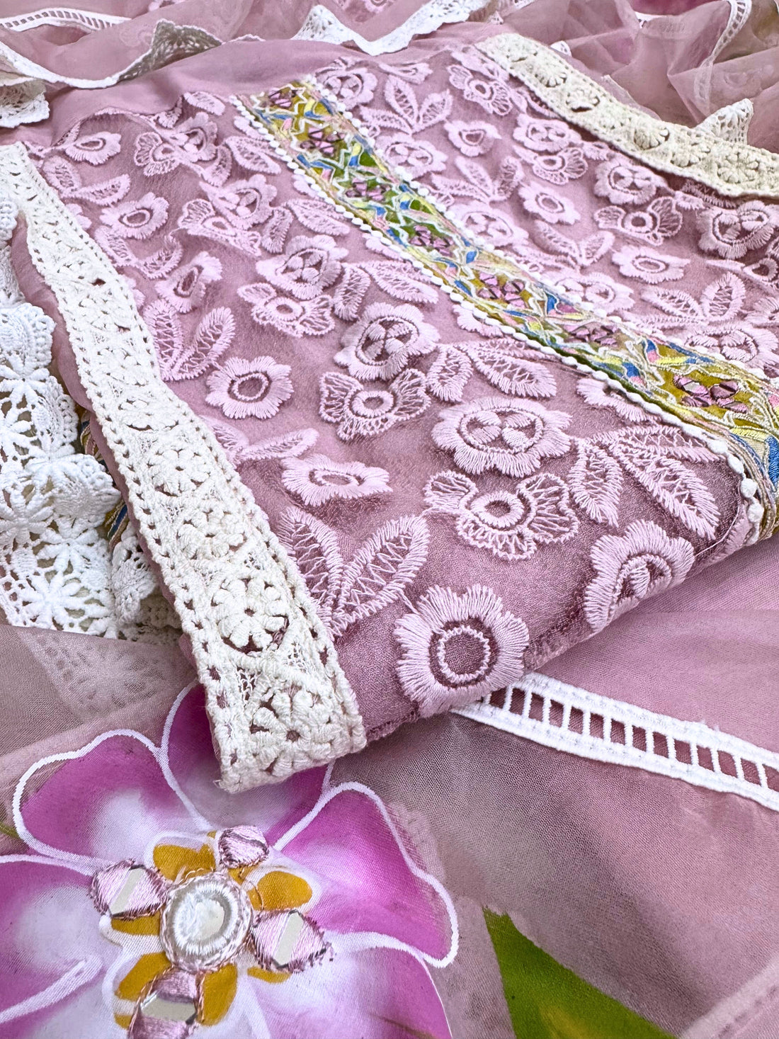 Lilac Garden: Lace Embroidered Suit with Hand-Painted Dupatta