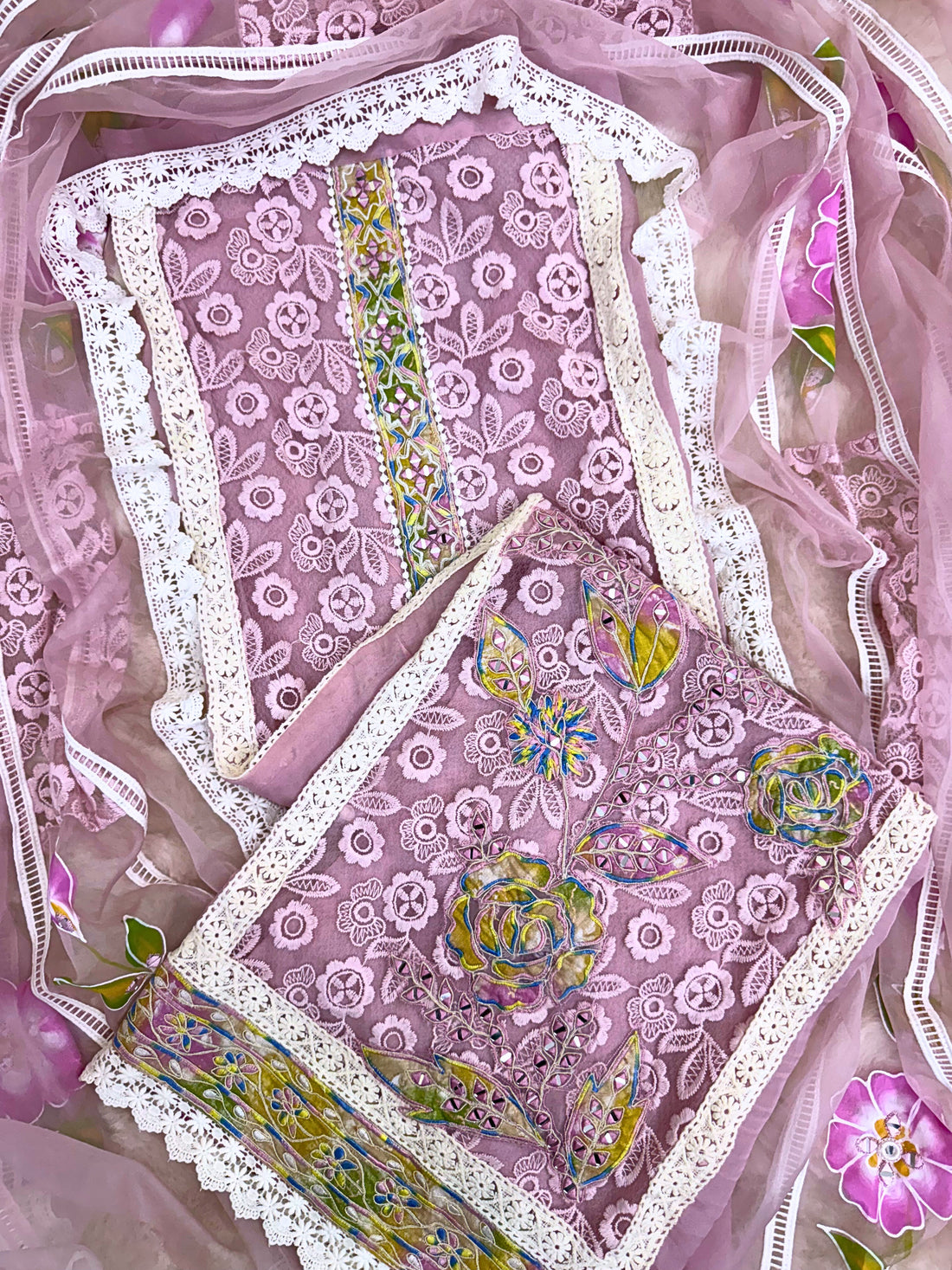 Lilac Garden: Lace Embroidered Suit with Hand-Painted Dupatta