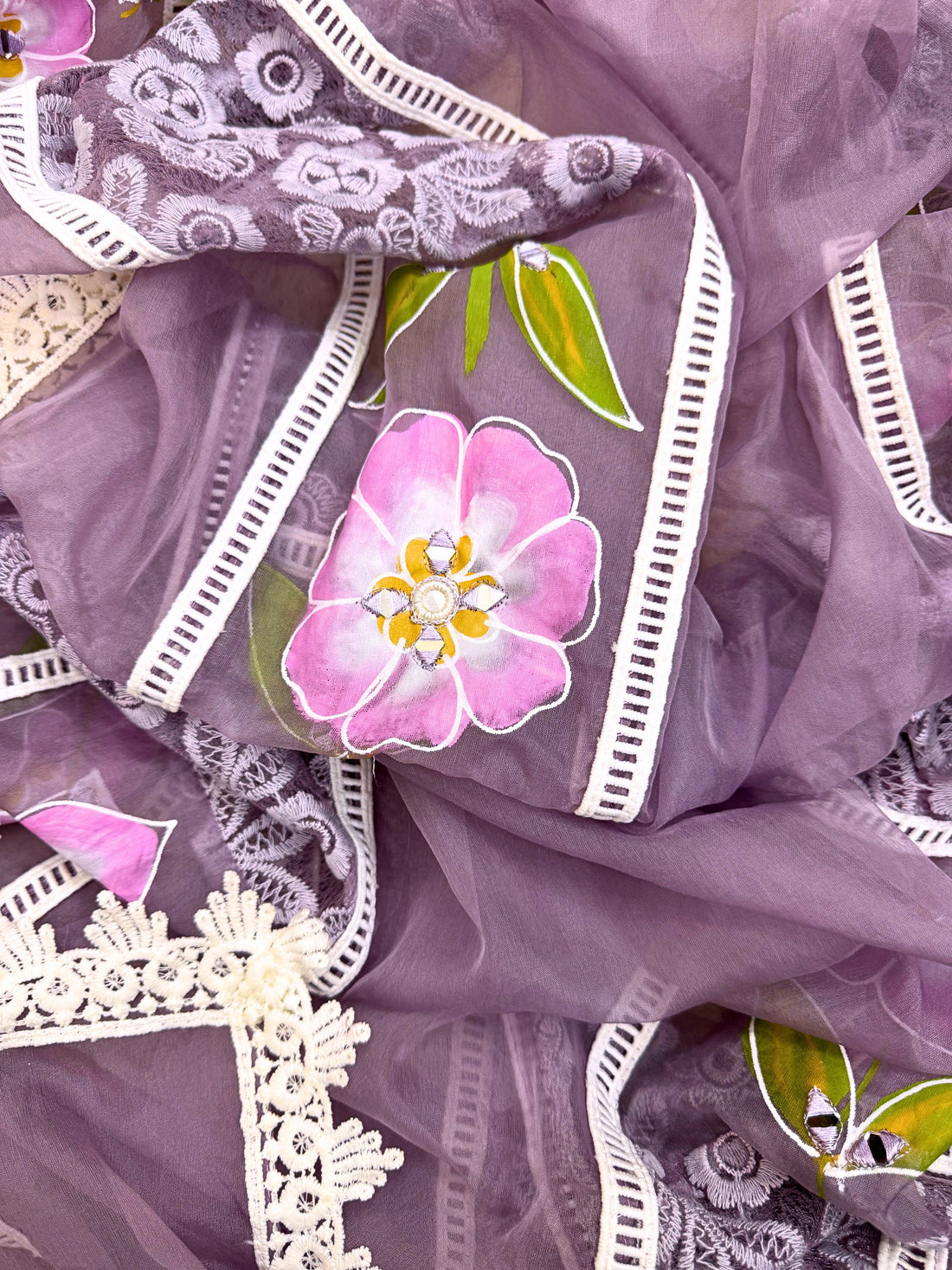 Lavender Garden: Lace Embroidered Suit with Hand-Painted Dupatta