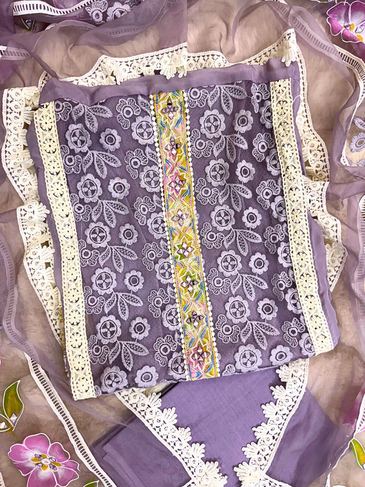 Lavender Garden: Lace Embroidered Suit with Hand-Painted Dupatta