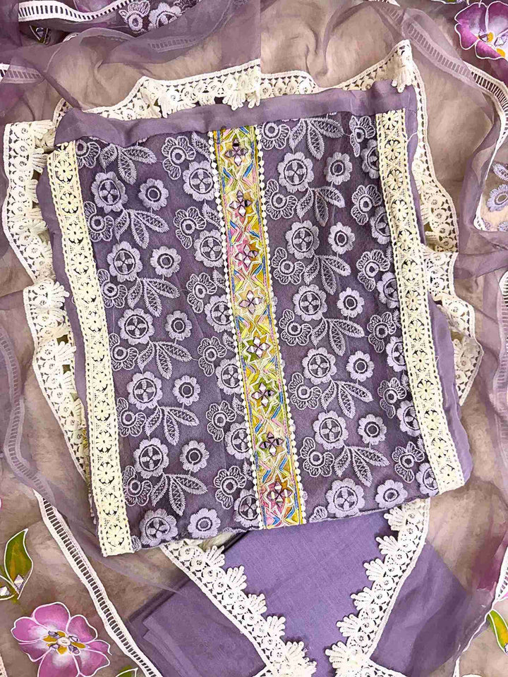 party wear unstitched suits for women on crotia work net and hand painted dupatta