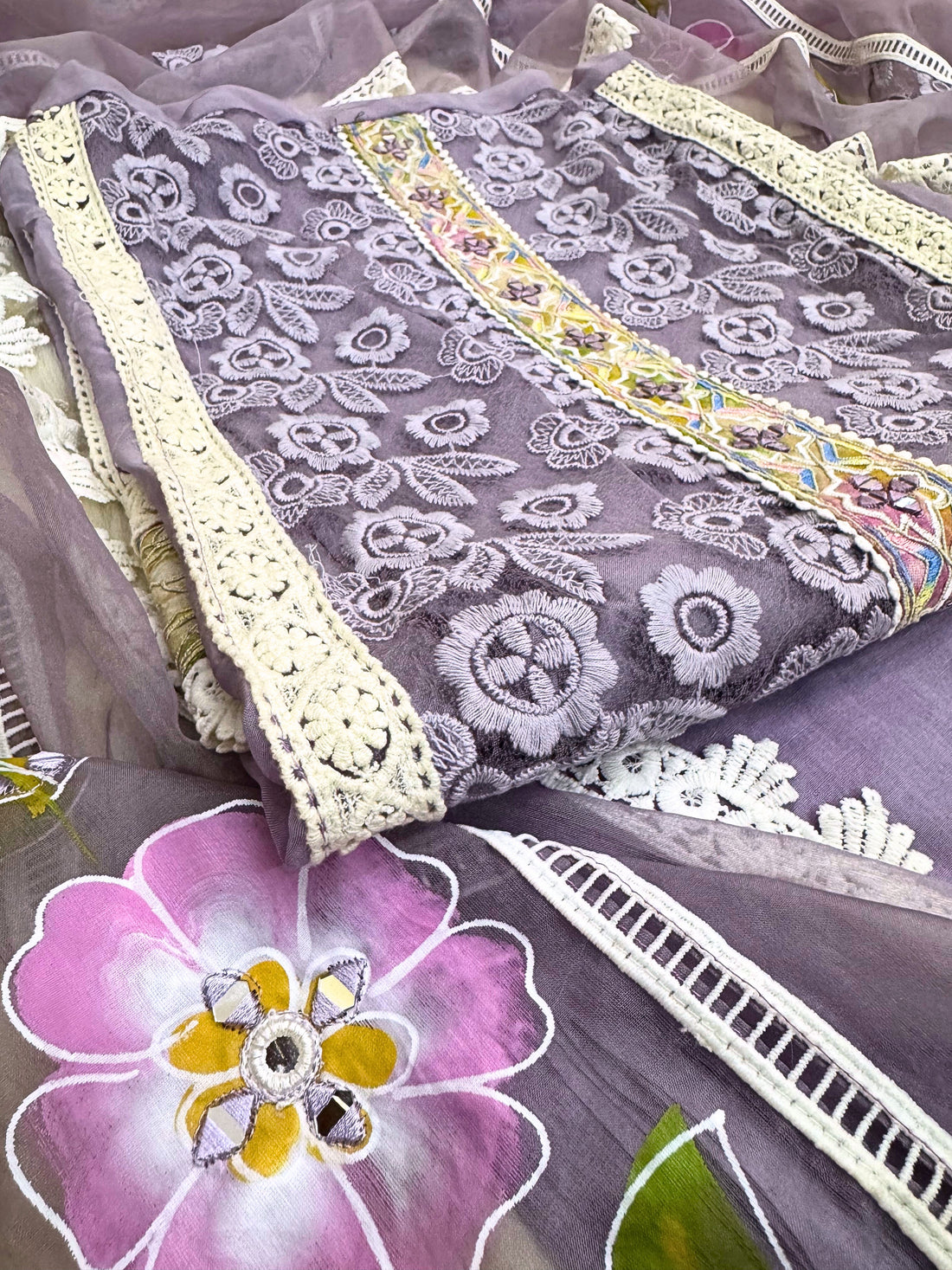 Lavender Garden: Lace Embroidered Suit with Hand-Painted Dupatta