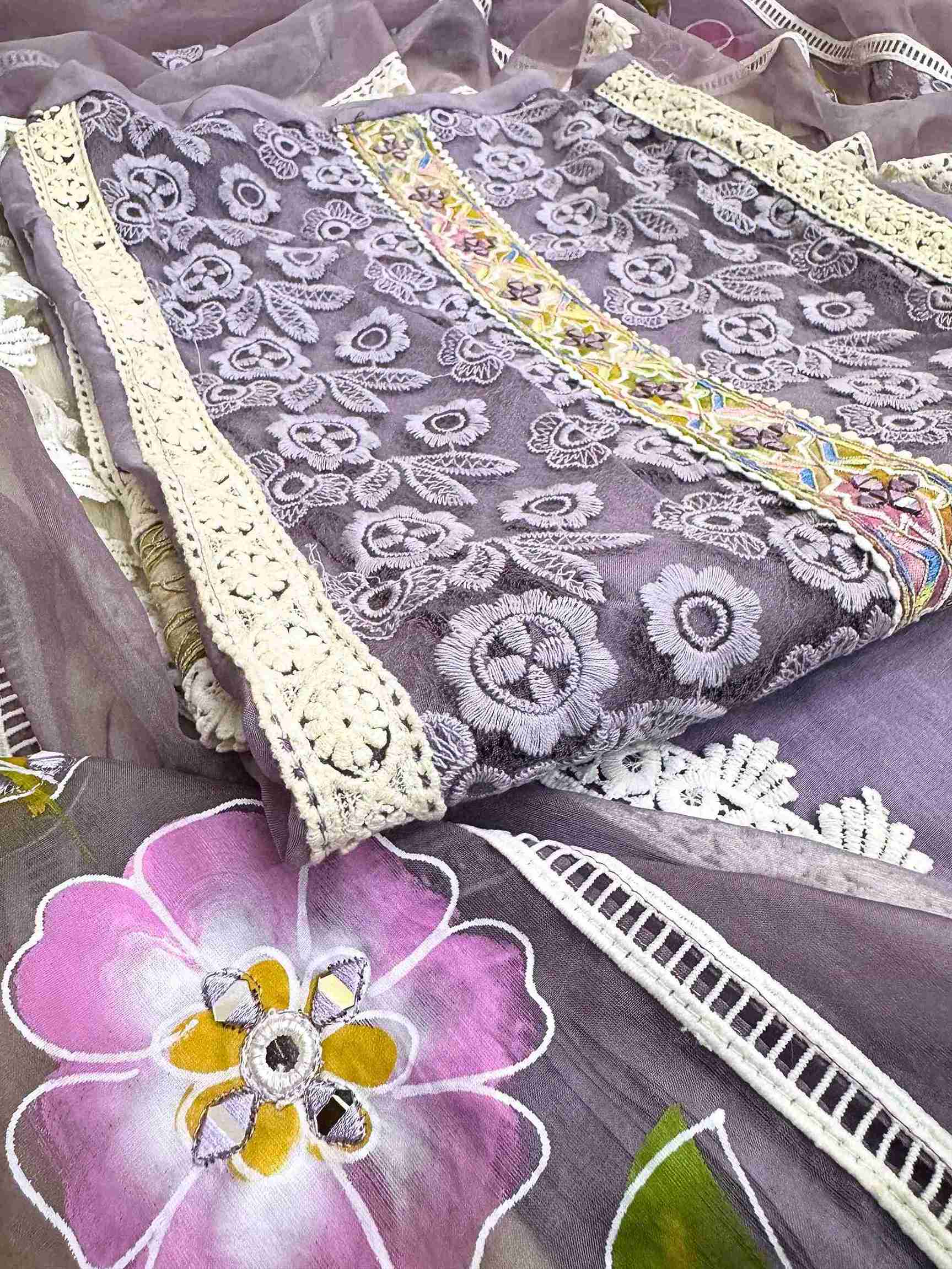 party wear unstitched suits for women on crotia work net and hand painted dupatta