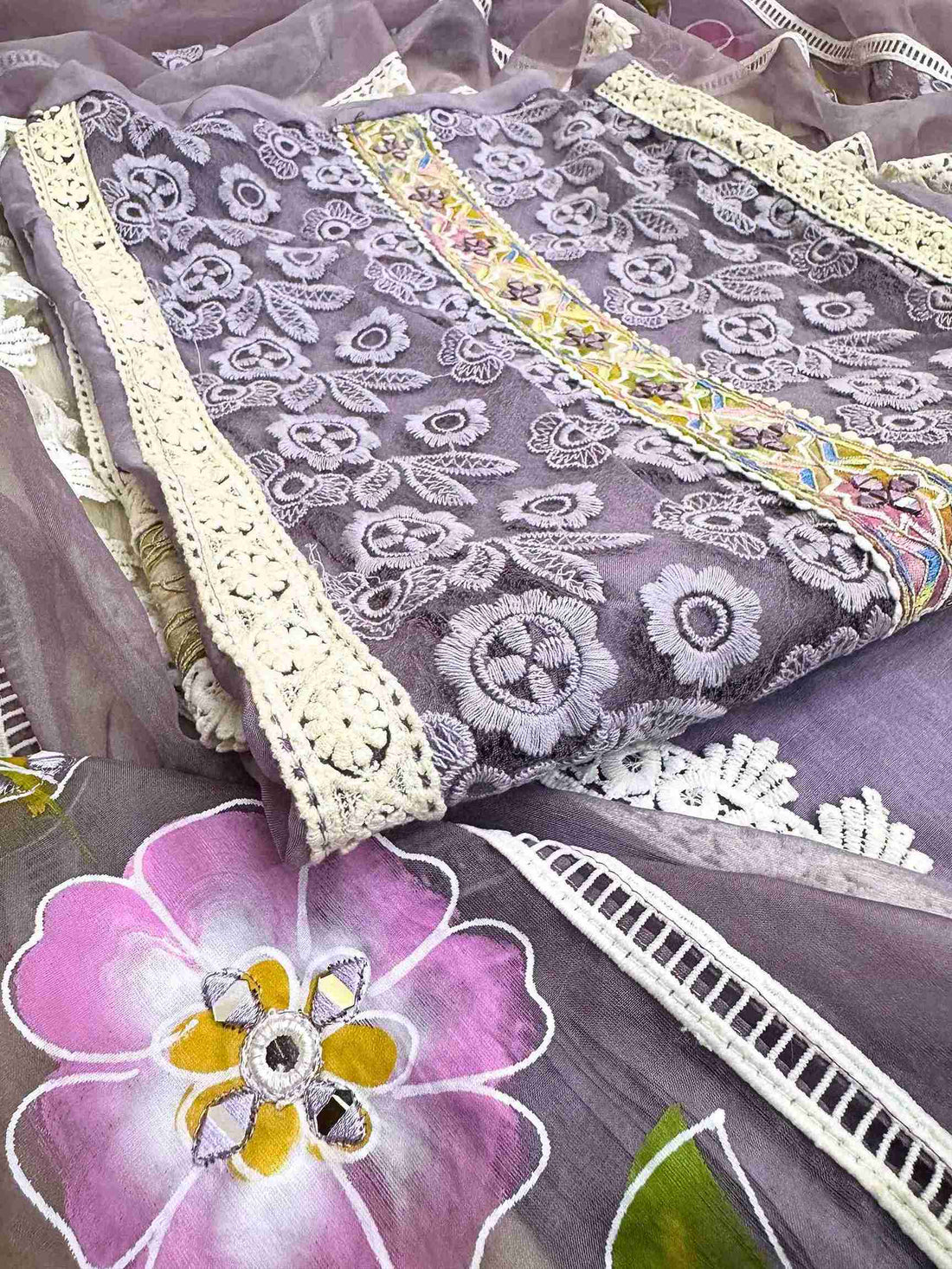 party wear unstitched suits for women on crotia work net and hand painted dupatta