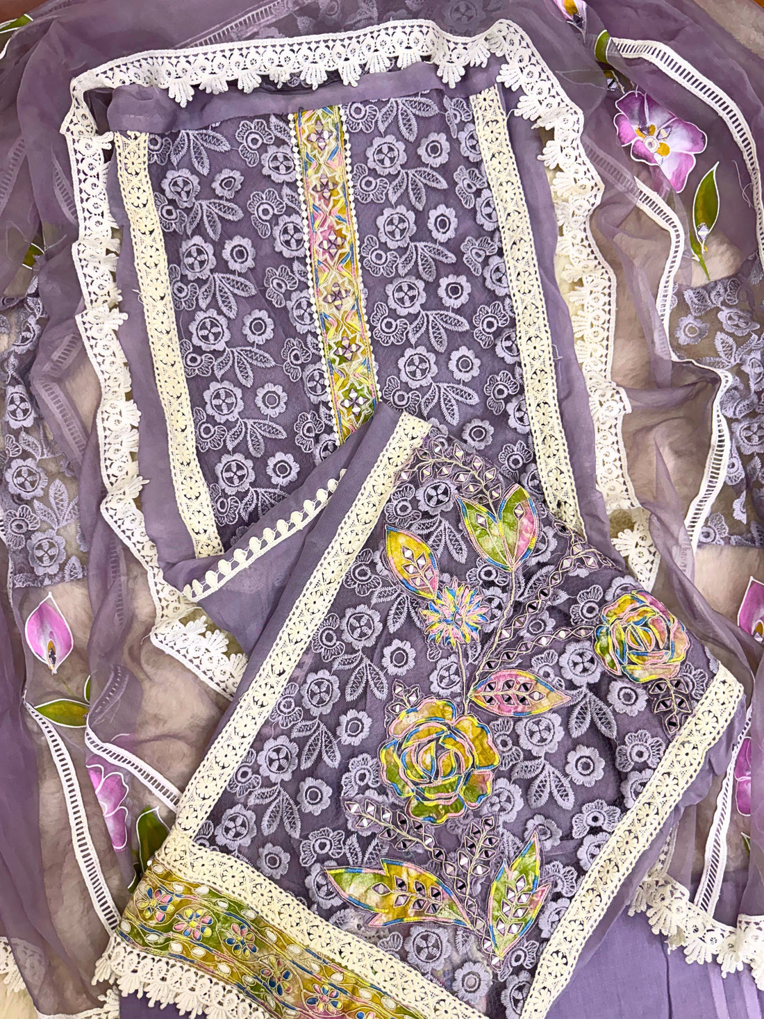 Lavender Garden: Lace Embroidered Suit with Hand-Painted Dupatta