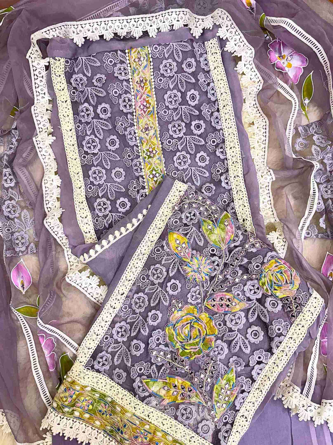 party wear unstitched suits for women on crotia work net and hand painted dupatta