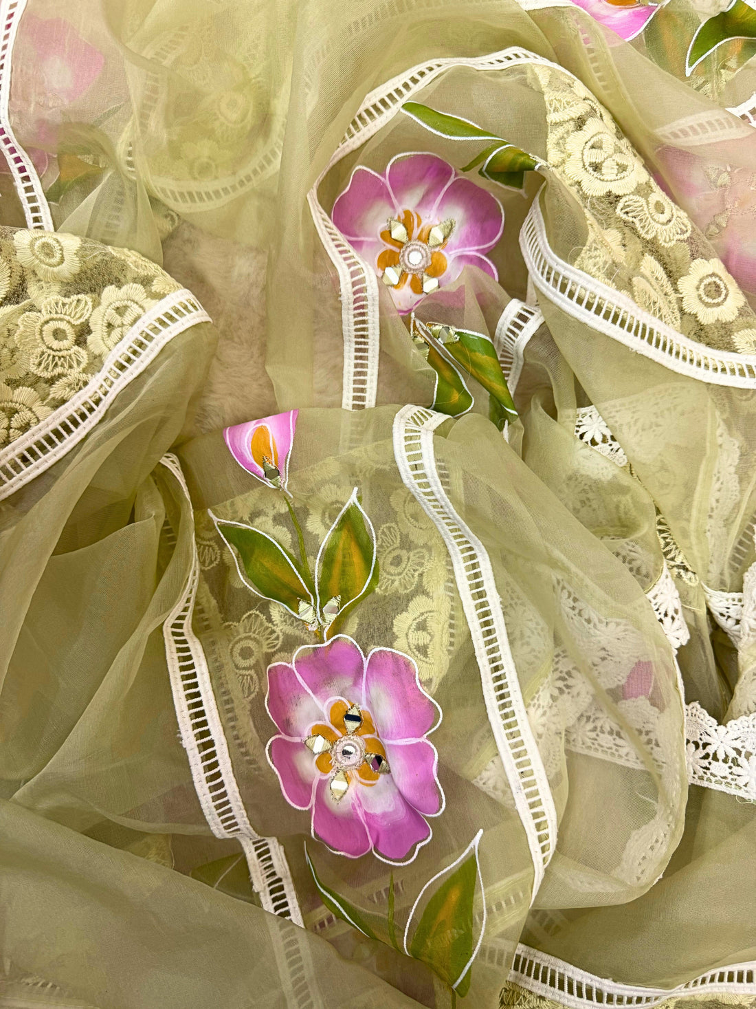 Olive Garden: Lace Embroidered Suit with Hand-Painted Dupatta