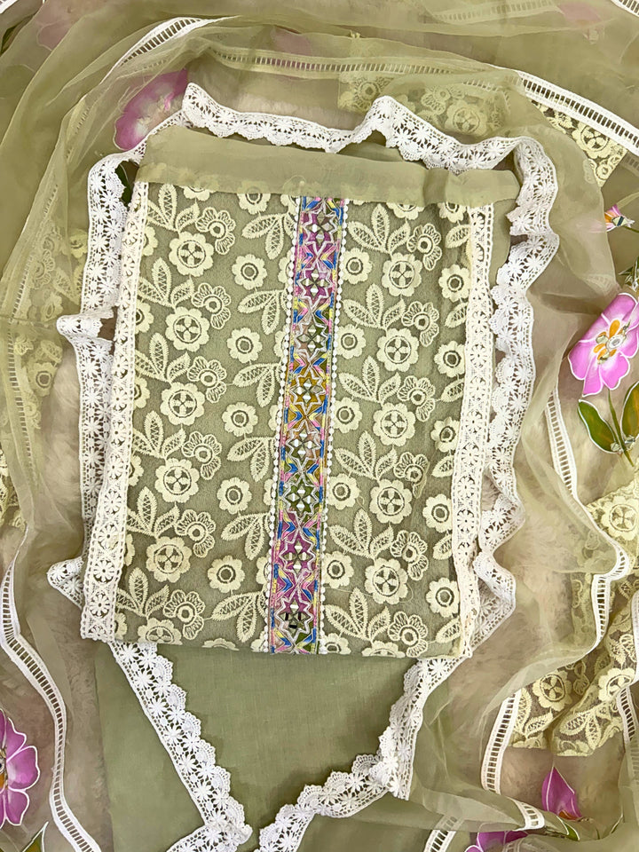 Olive Garden: Lace Embroidered Suit with Hand-Painted Dupatta