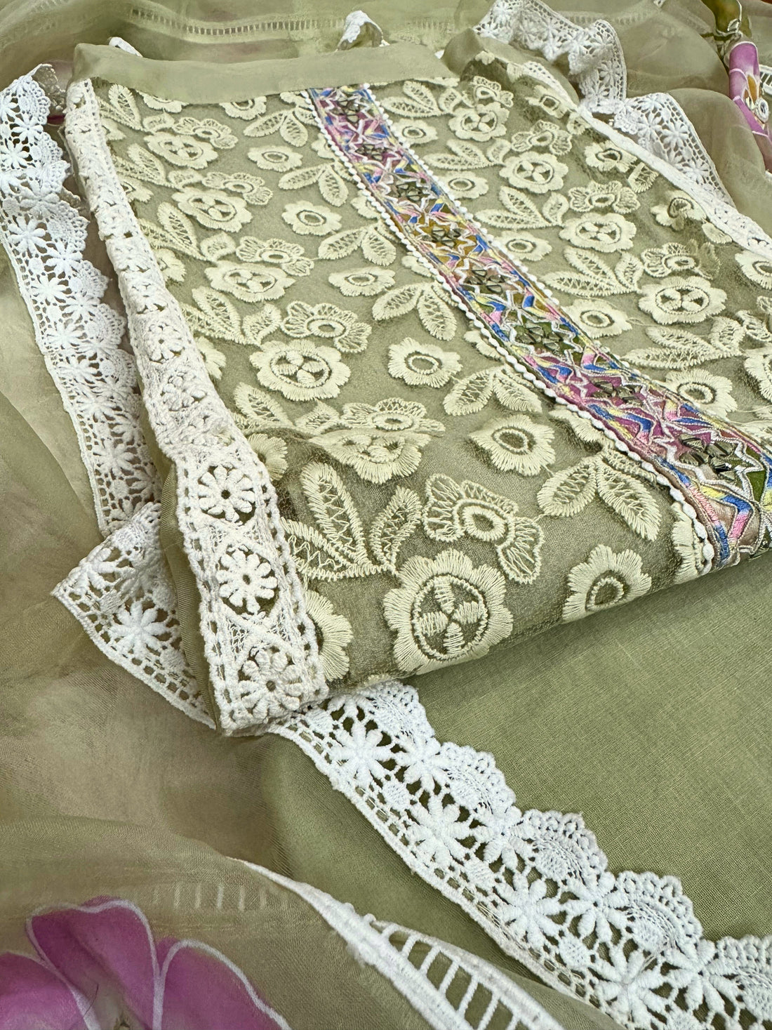 Olive Garden: Lace Embroidered Suit with Hand-Painted Dupatta