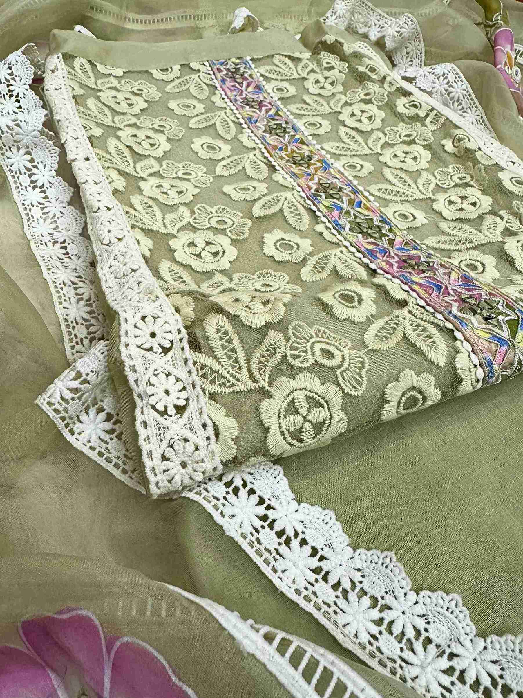 party wear unstitched suits for women on crotia work net and hand painted dupatta