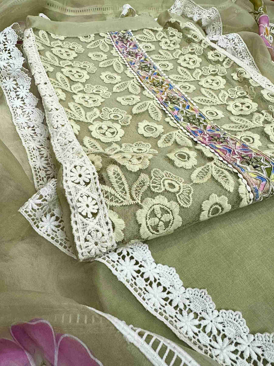 party wear unstitched suits for women on crotia work net and hand painted dupatta