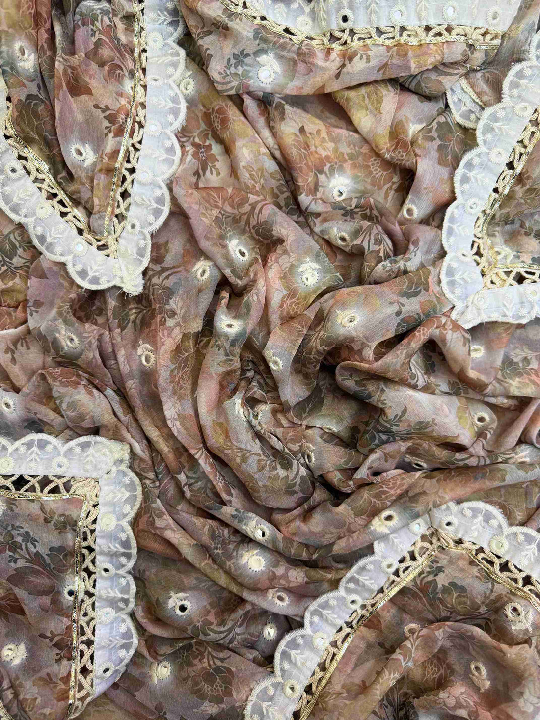 crushed georgette unstitched suit with crotia lace highlighting