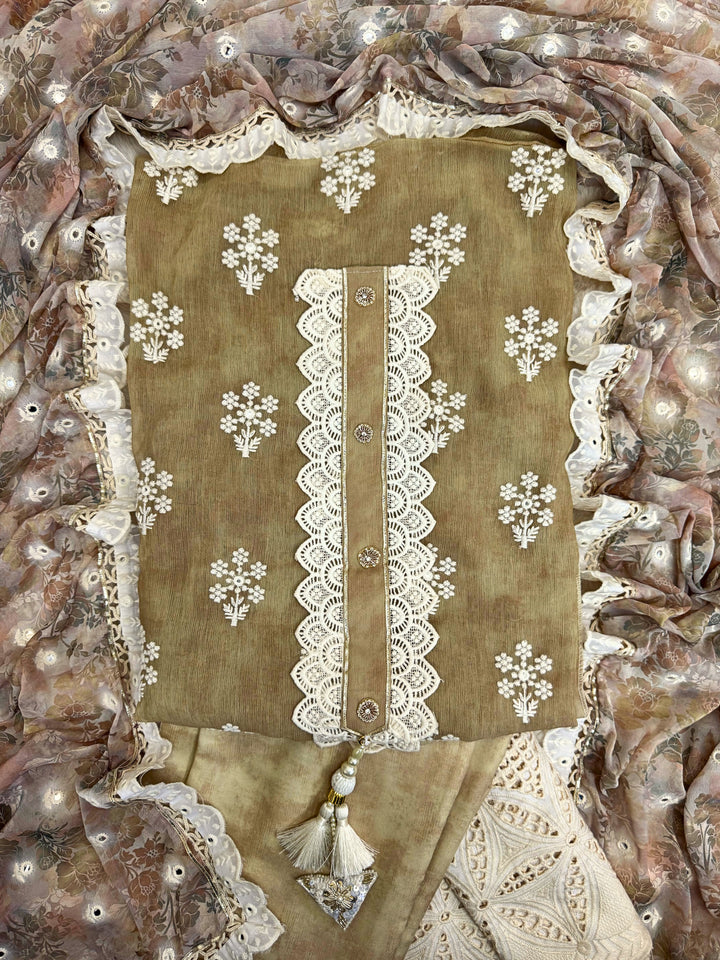 Vintage Bloom: Olive Beige Embroidered Suit with Lace Accents & Printed Dupatta