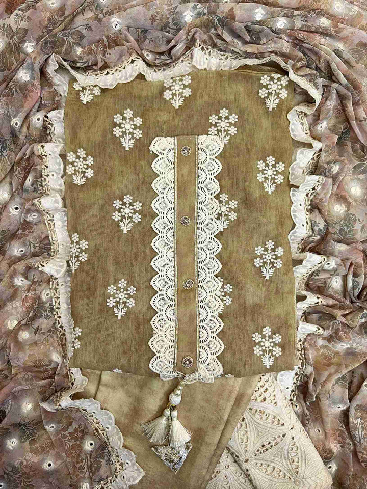 crushed georgette unstitched suit with crotia lace highlighting