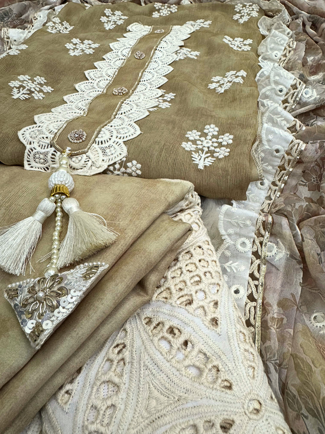 Vintage Bloom: Olive Beige Embroidered Suit with Lace Accents & Printed Dupatta