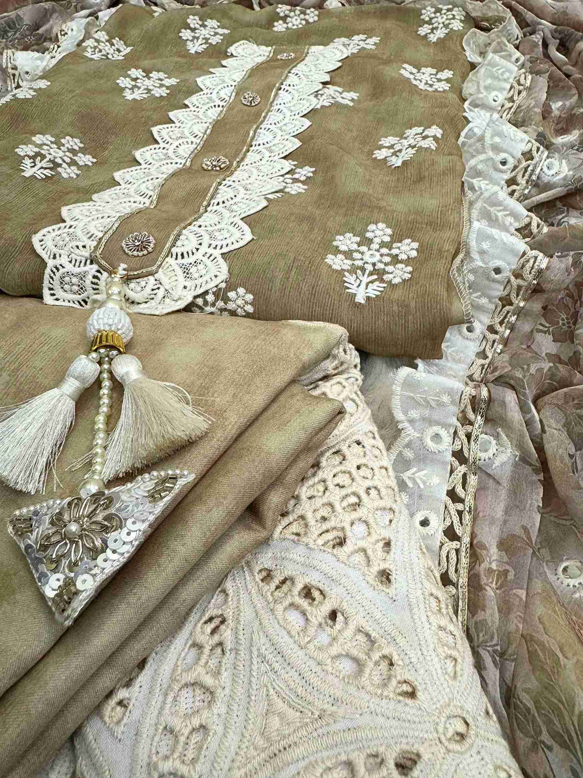 crushed georgette unstitched suit with crotia lace highlighting