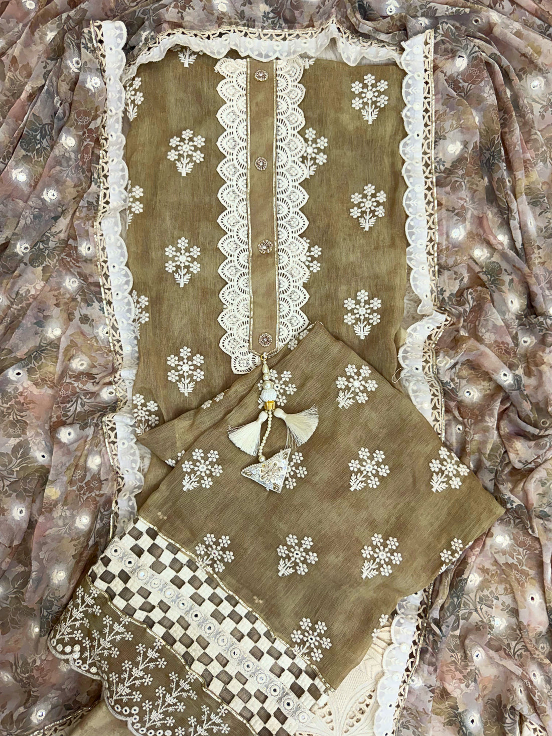 Vintage Bloom: Olive Beige Embroidered Suit with Lace Accents & Printed Dupatta
