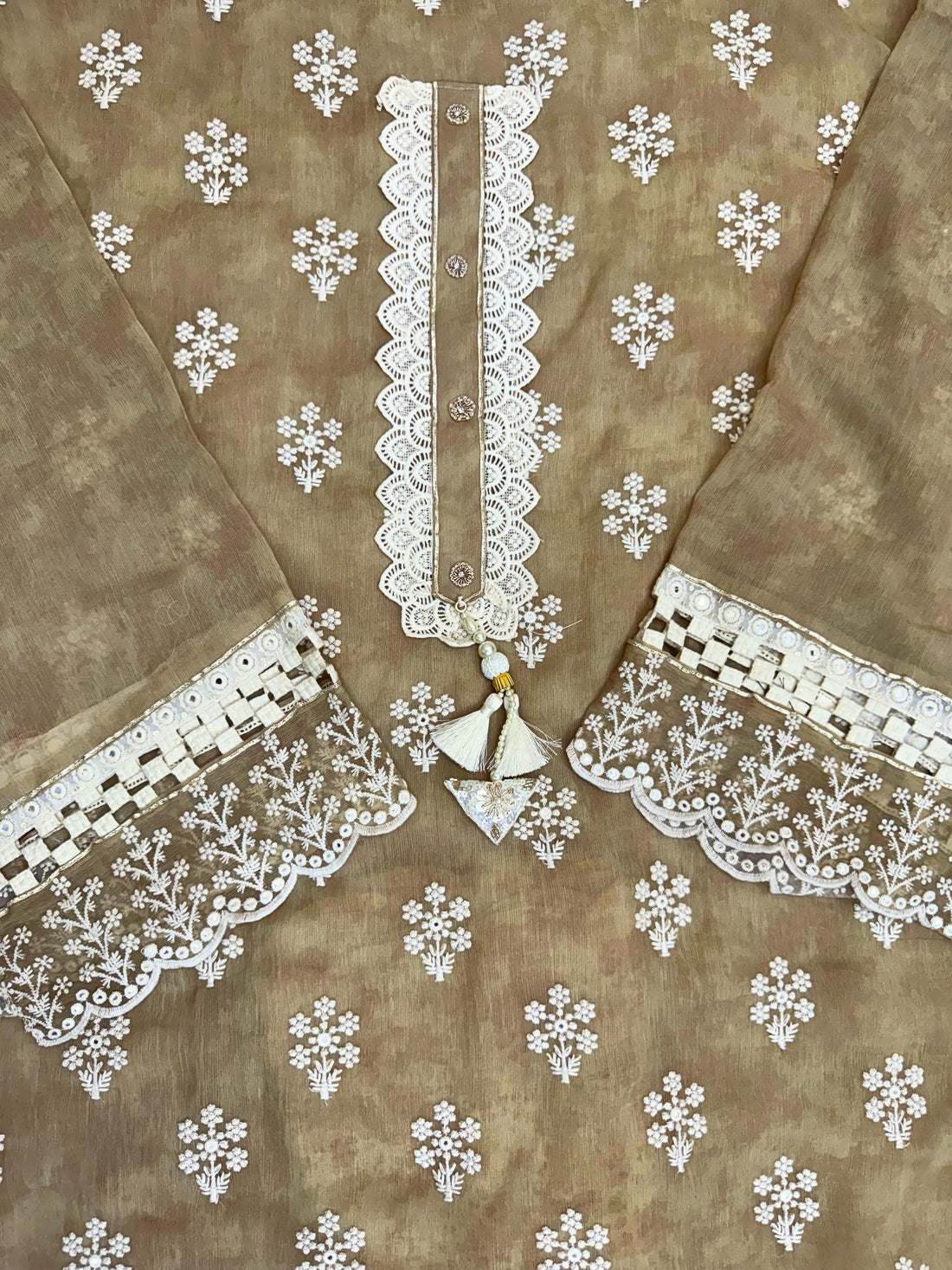Vintage Bloom: Olive Beige Embroidered Suit with Lace Accents & Printed Dupatta