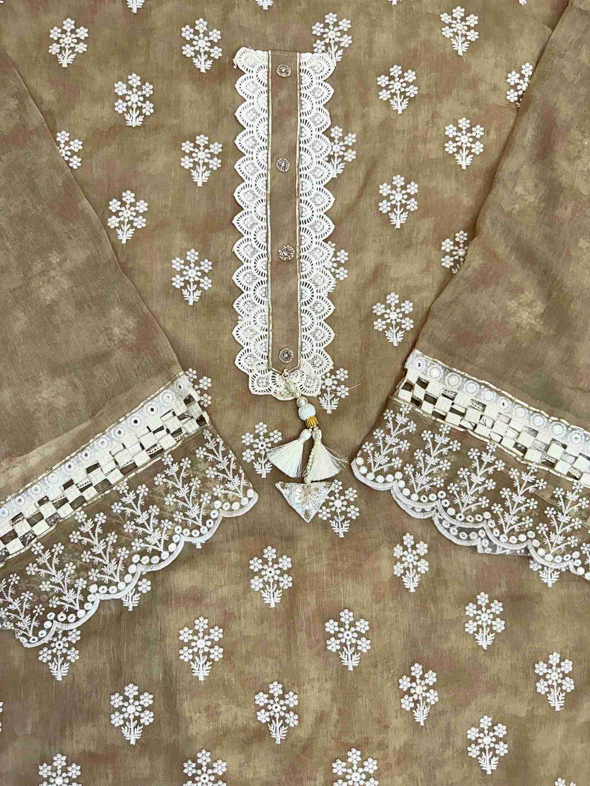 crushed georgette unstitched suit with crotia lace highlighting