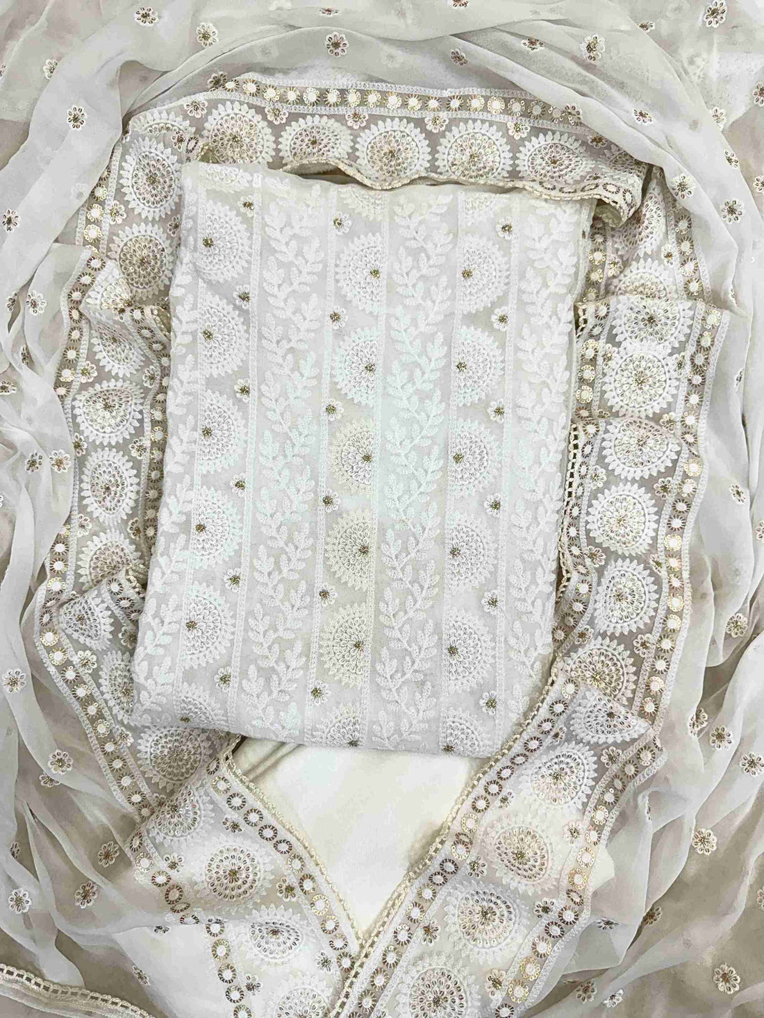chikankari unstitched suit for women in white color