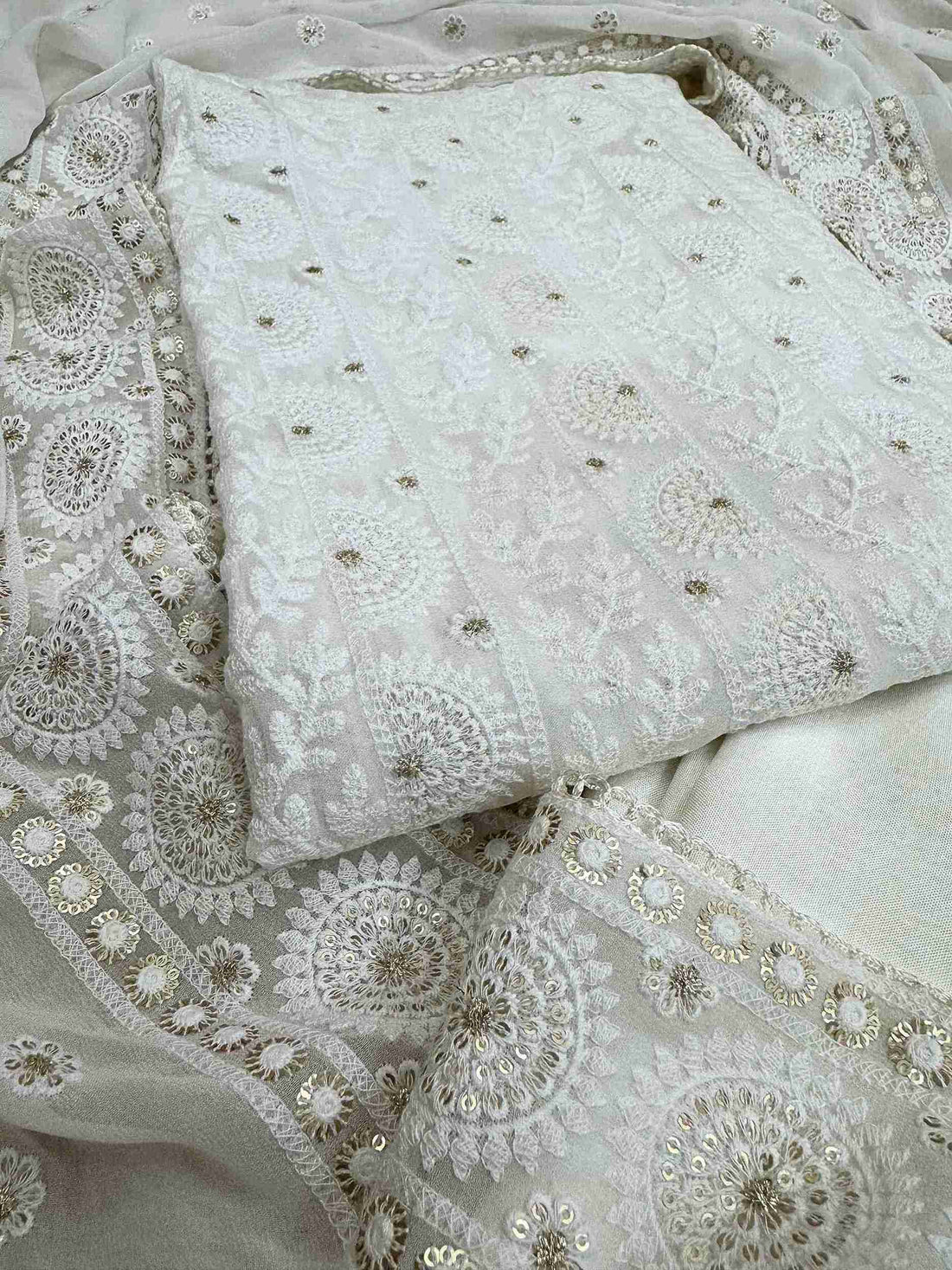 chikankari unstitched suit for women in white color