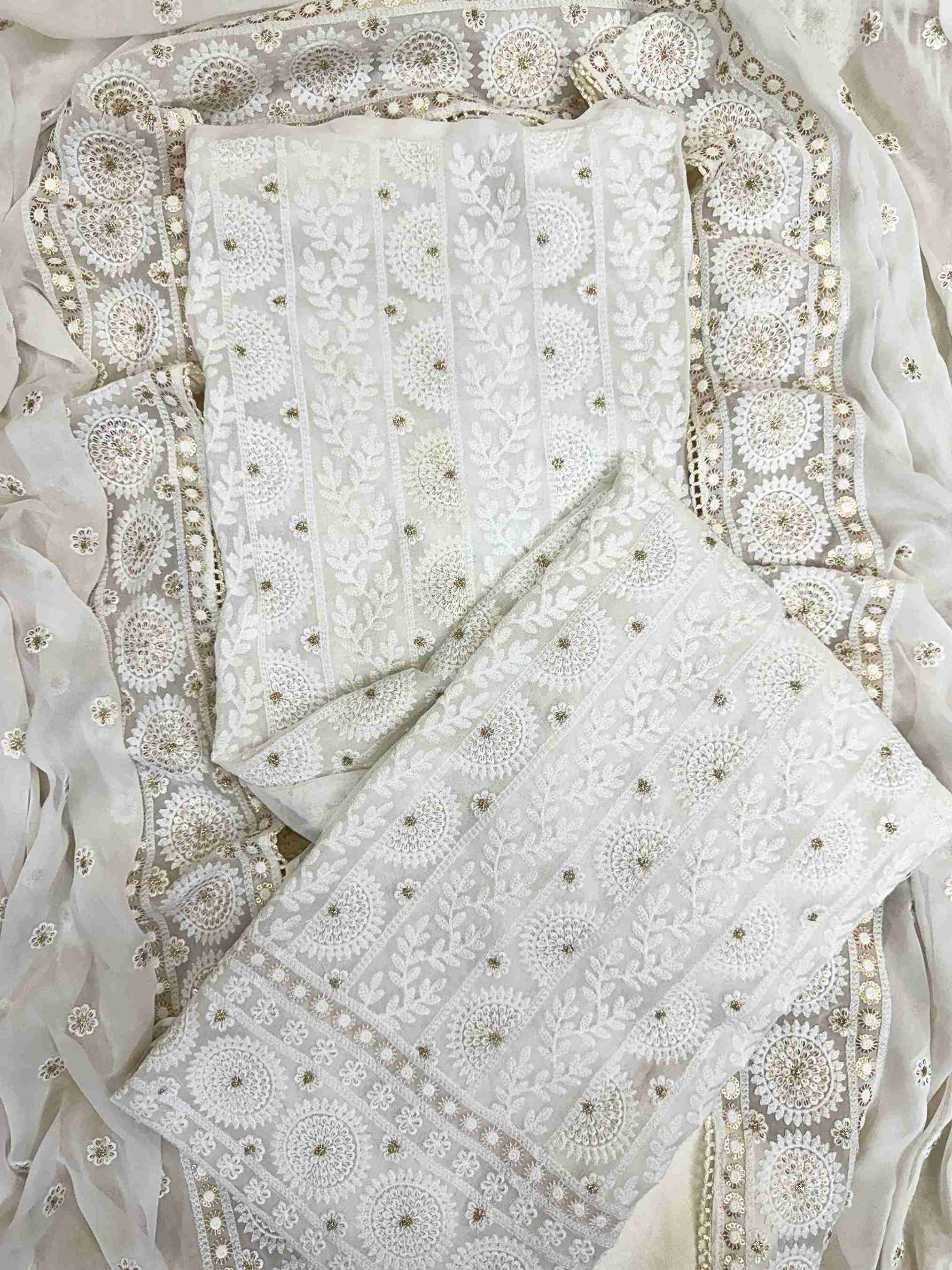 chikankari unstitched suit for women in white color