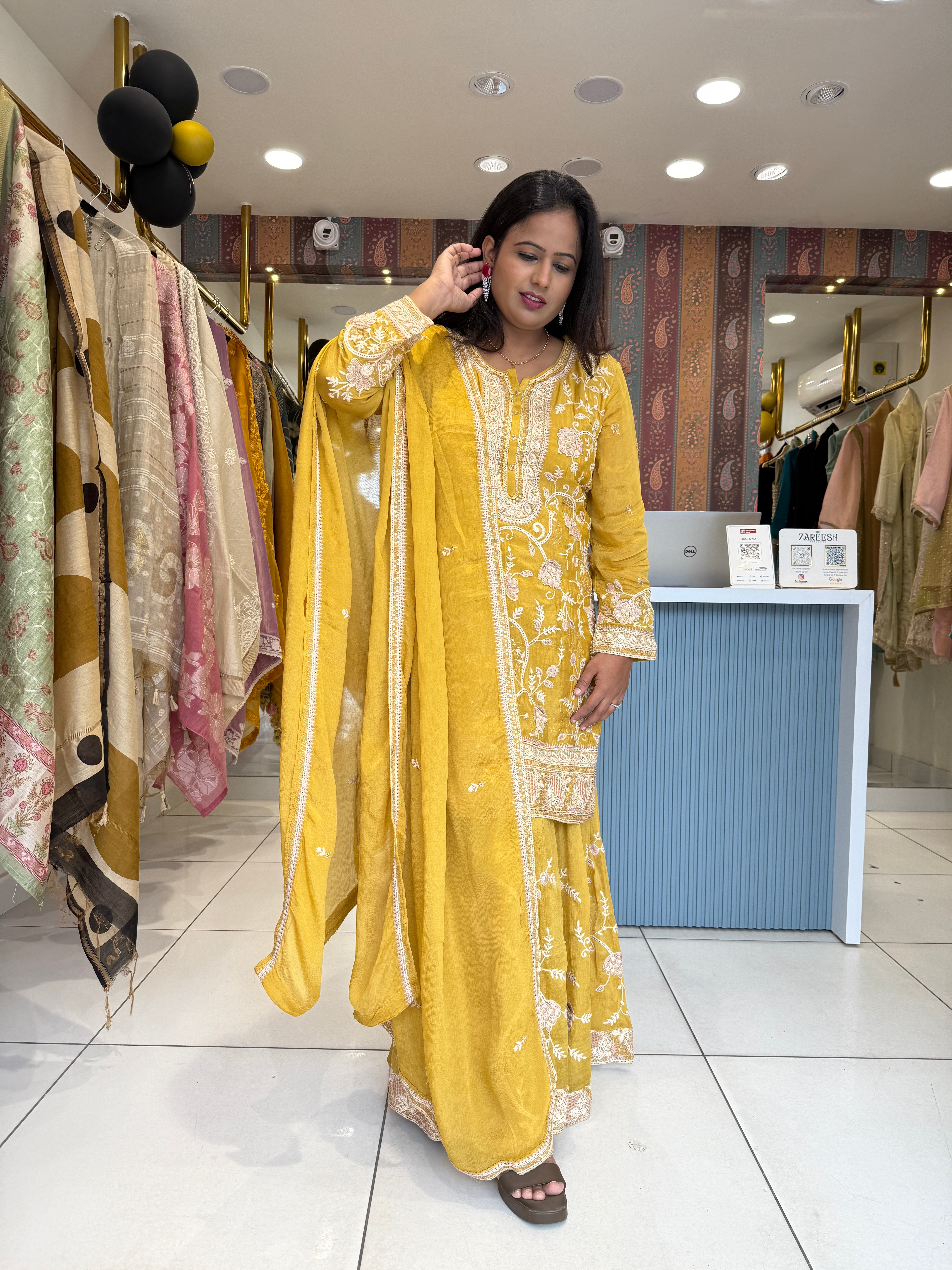 Yellow Embroidered Kurta Sharara Set with Dupatta | Floral Thread and Sequin Work Haldi Wear